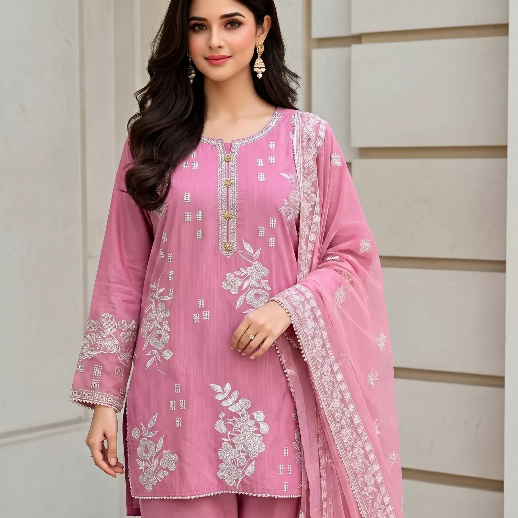 Pink 3 piece Khaddar Embroidered Stitched Suit