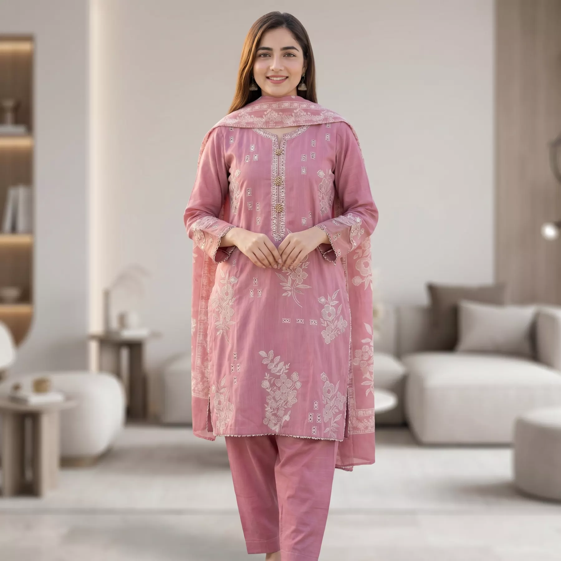Pink 3 piece Khaddar Embroidered Stitched Suit