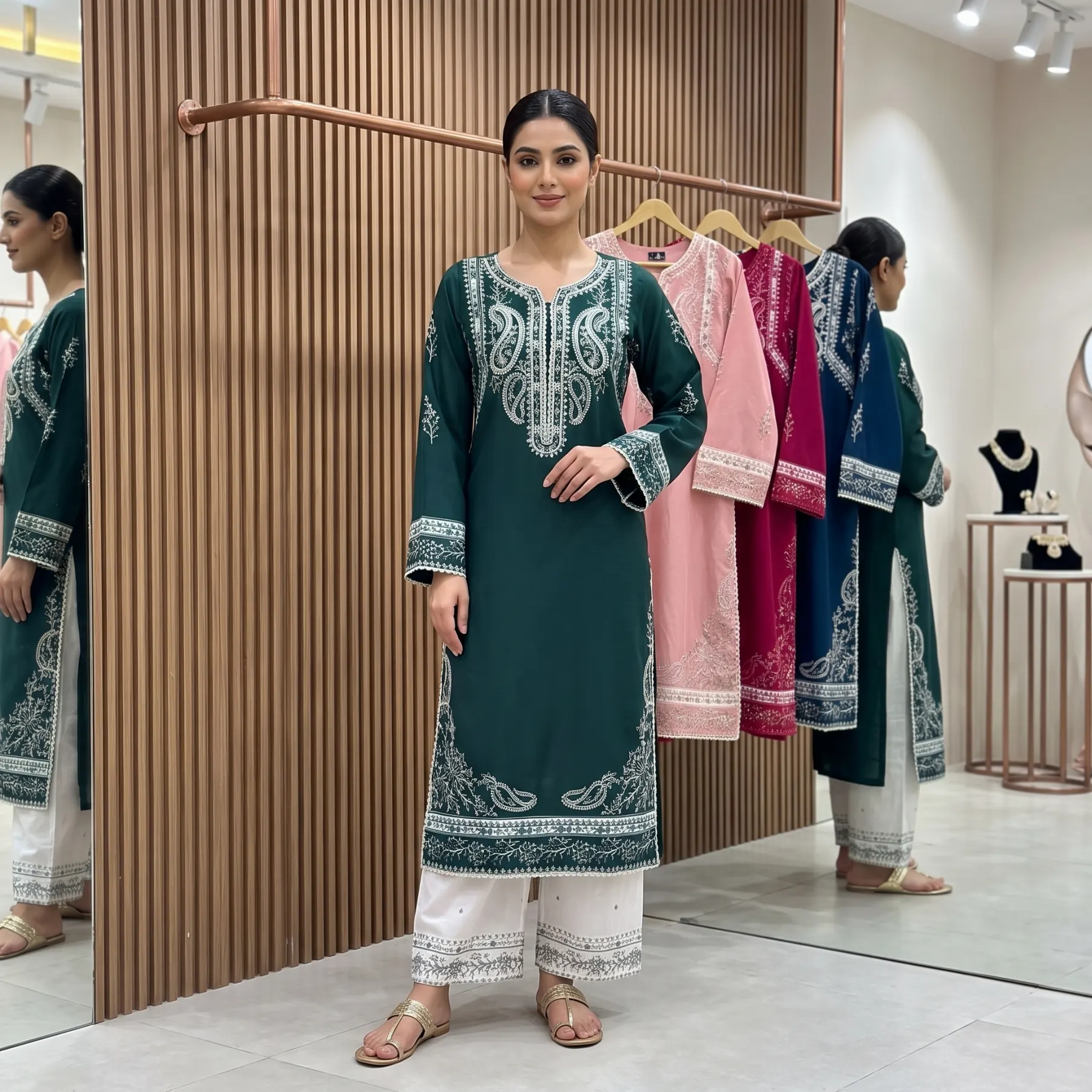 Premium Dyed & Embroidered Dhanak Marina 3-Piece Suit with Palazzo - Bottle Green, Tea Pink, Maroon, Peacock Blue