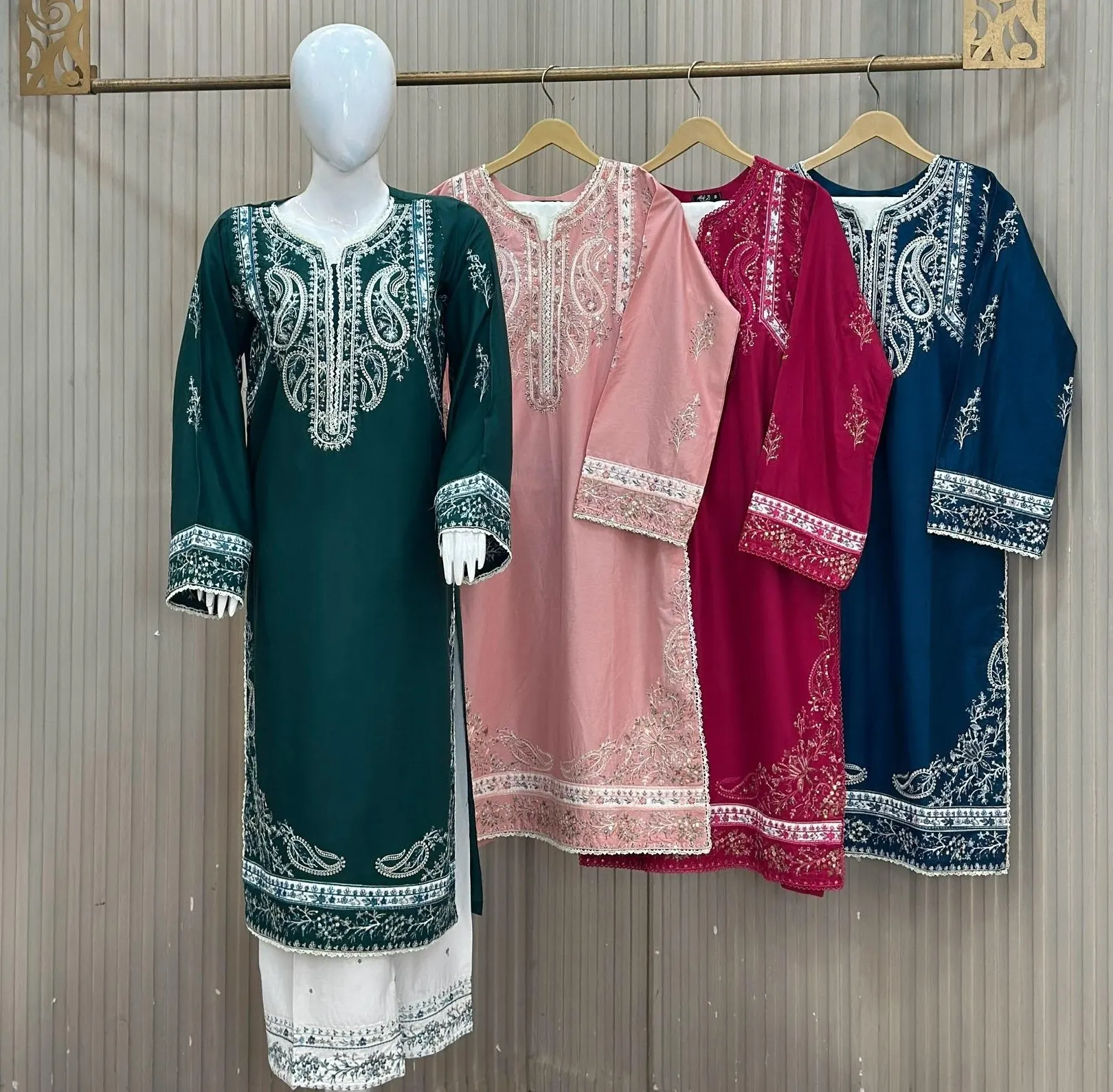 Premium Dyed & Embroidered Dhanak Marina 3-Piece Suit with Palazzo - Bottle Green, Tea Pink, Maroon, Peacock Blue