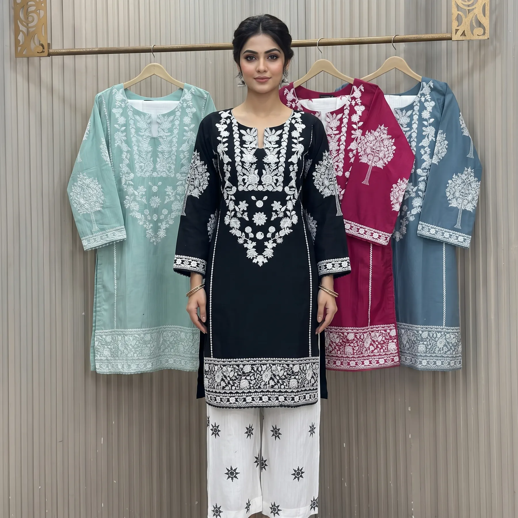 Embroidered Plazo 3-Piece Set – Premium Winter Cotton - Color Available Jet Black, Mint Green, Magenta Pink, Slate Blue