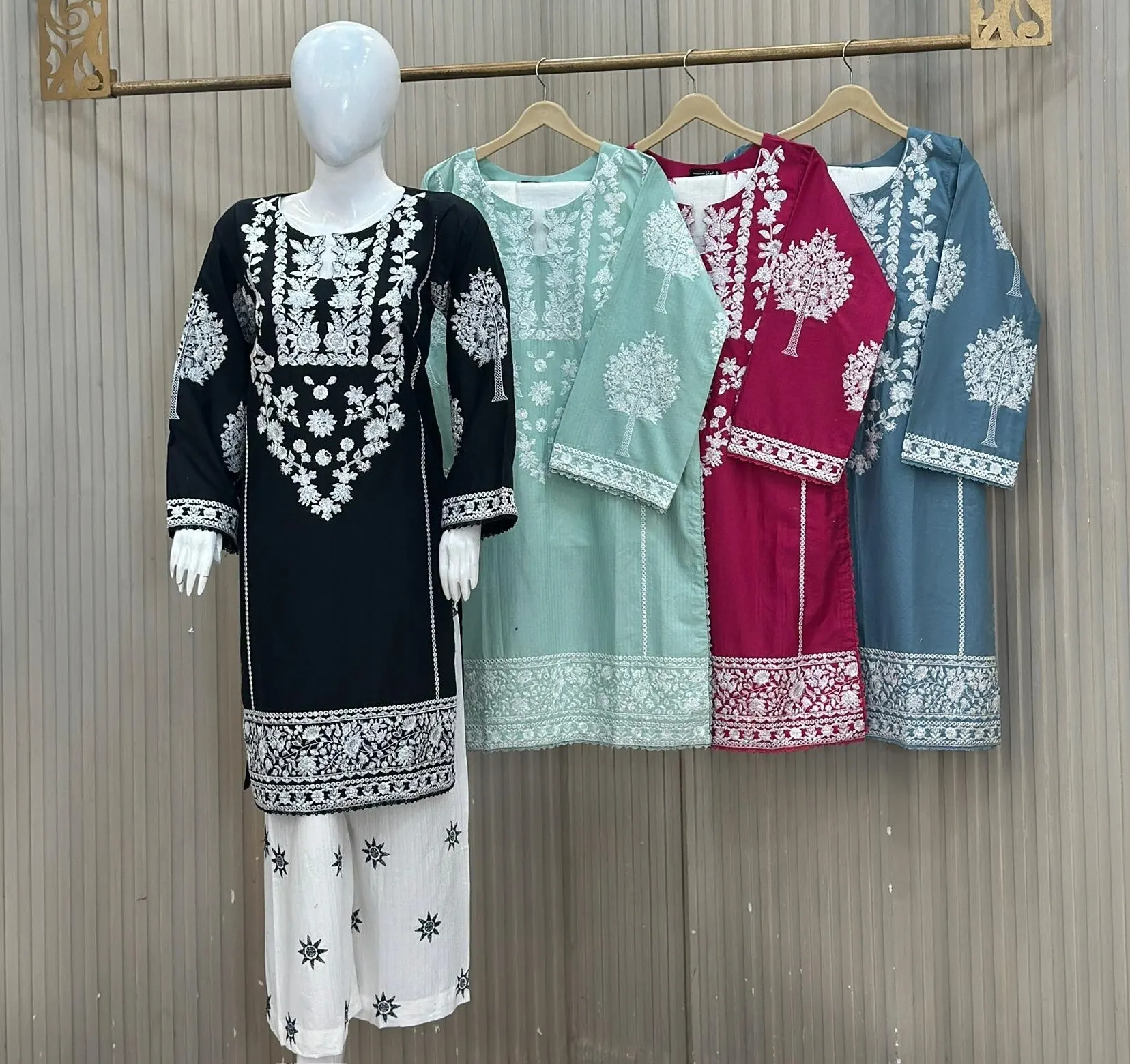 Embroidered Plazo 3-Piece Set – Premium Winter Cotton - Color Available Jet Black, Mint Green, Magenta Pink, Slate Blue