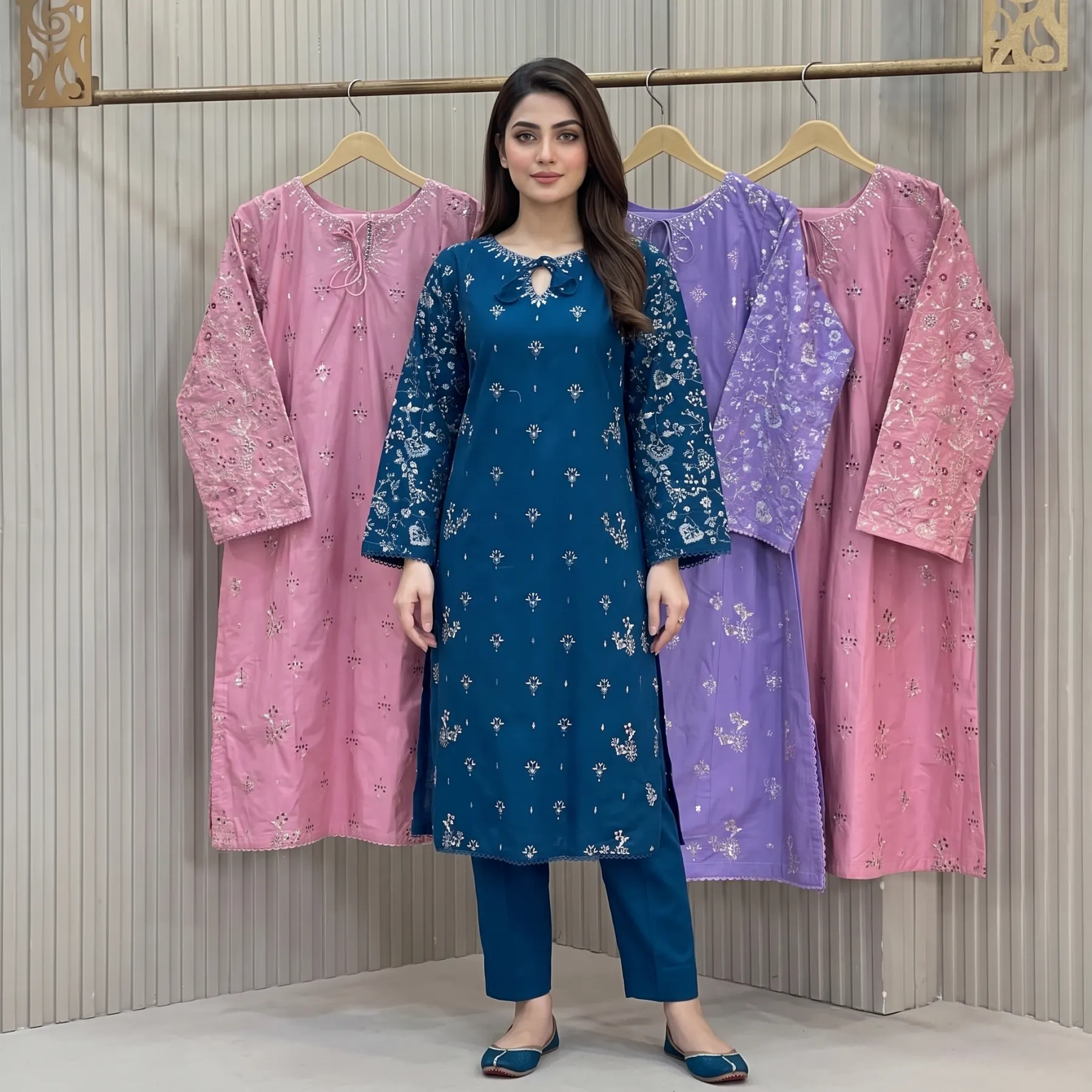 Dhanak Marina 3-Piece Embroidered Suit in Rose Pink, Baby Pink, Peacock Blue, Lilac