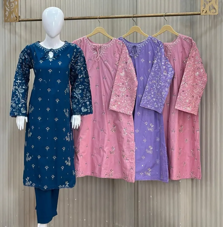Dhanak Marina 3-Piece Embroidered Suit in Rose Pink, Baby Pink, Peacock Blue, Lilac