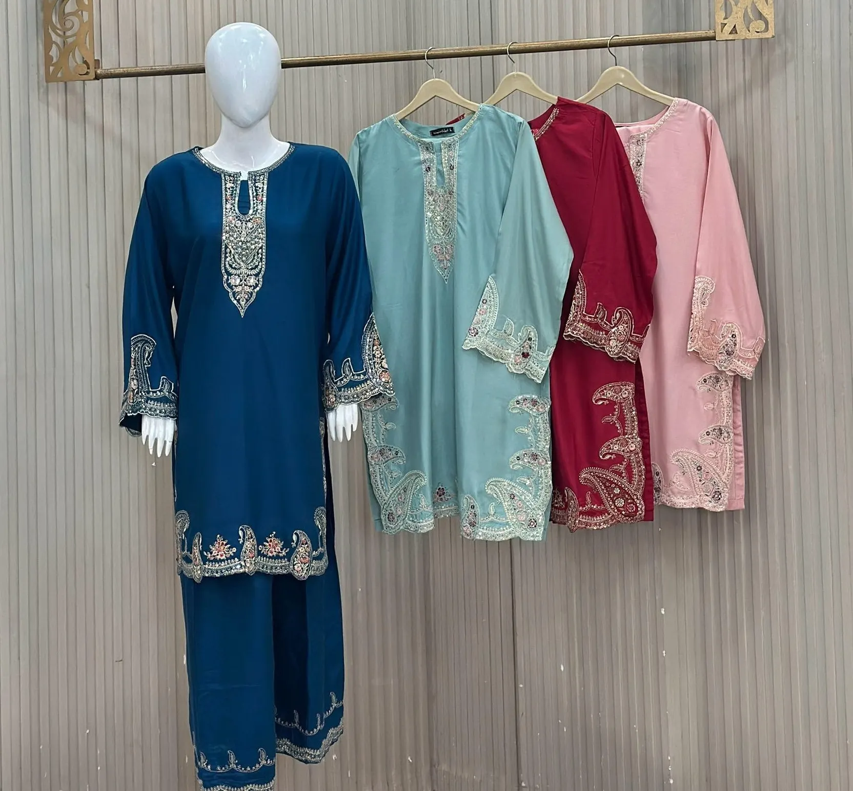 Embroidered 3-Piece Suit - Premium Dhanak Marina Cotton in Peacock Blue, Light Mint Green, Maroon, Light Pink