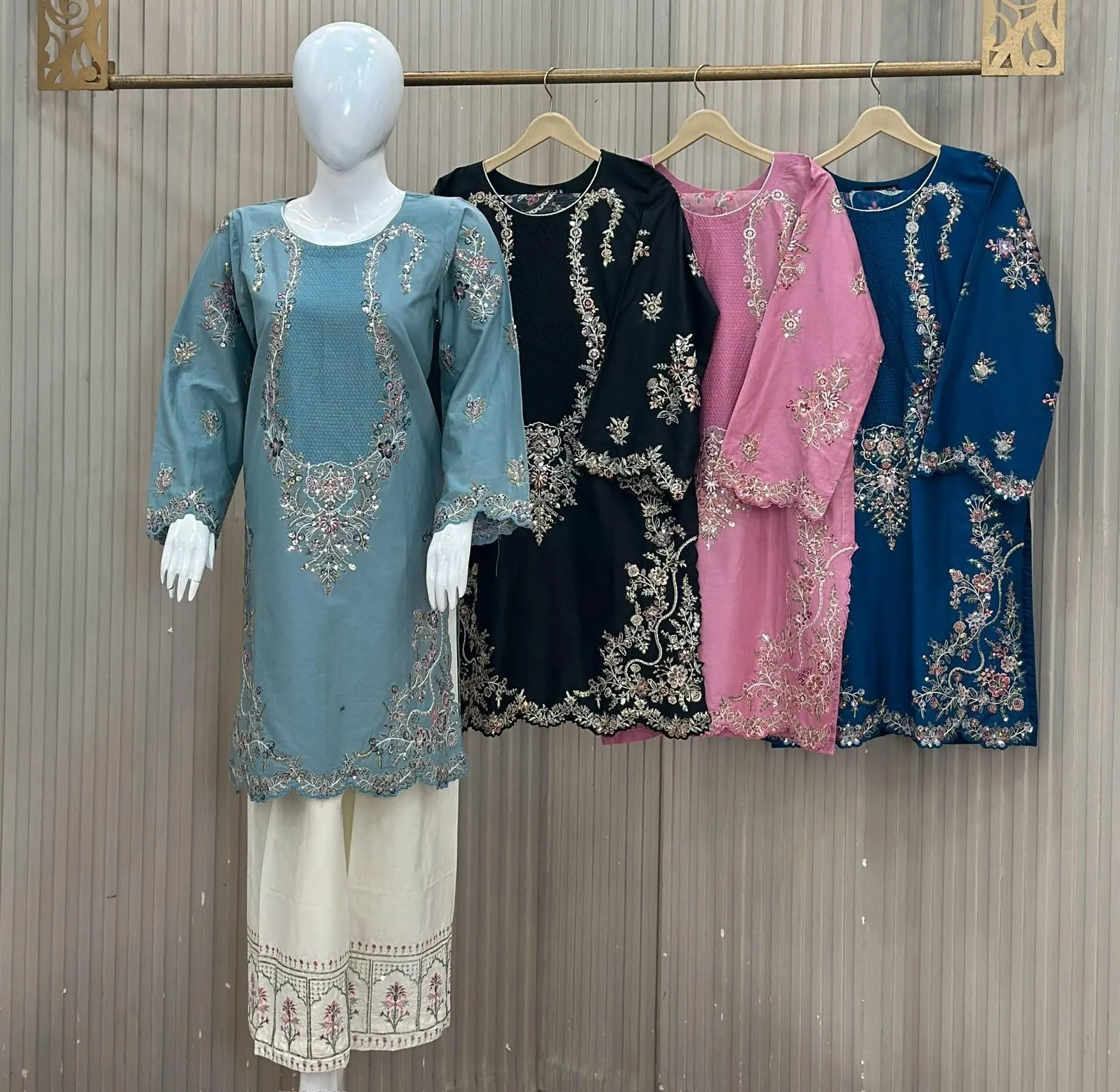 Dhanak Marina 3 Piece Embroidery Suits - Premium Cotton in 4 Colors Slate Blue, Jet Black, Soft Pink, Peacock Blue