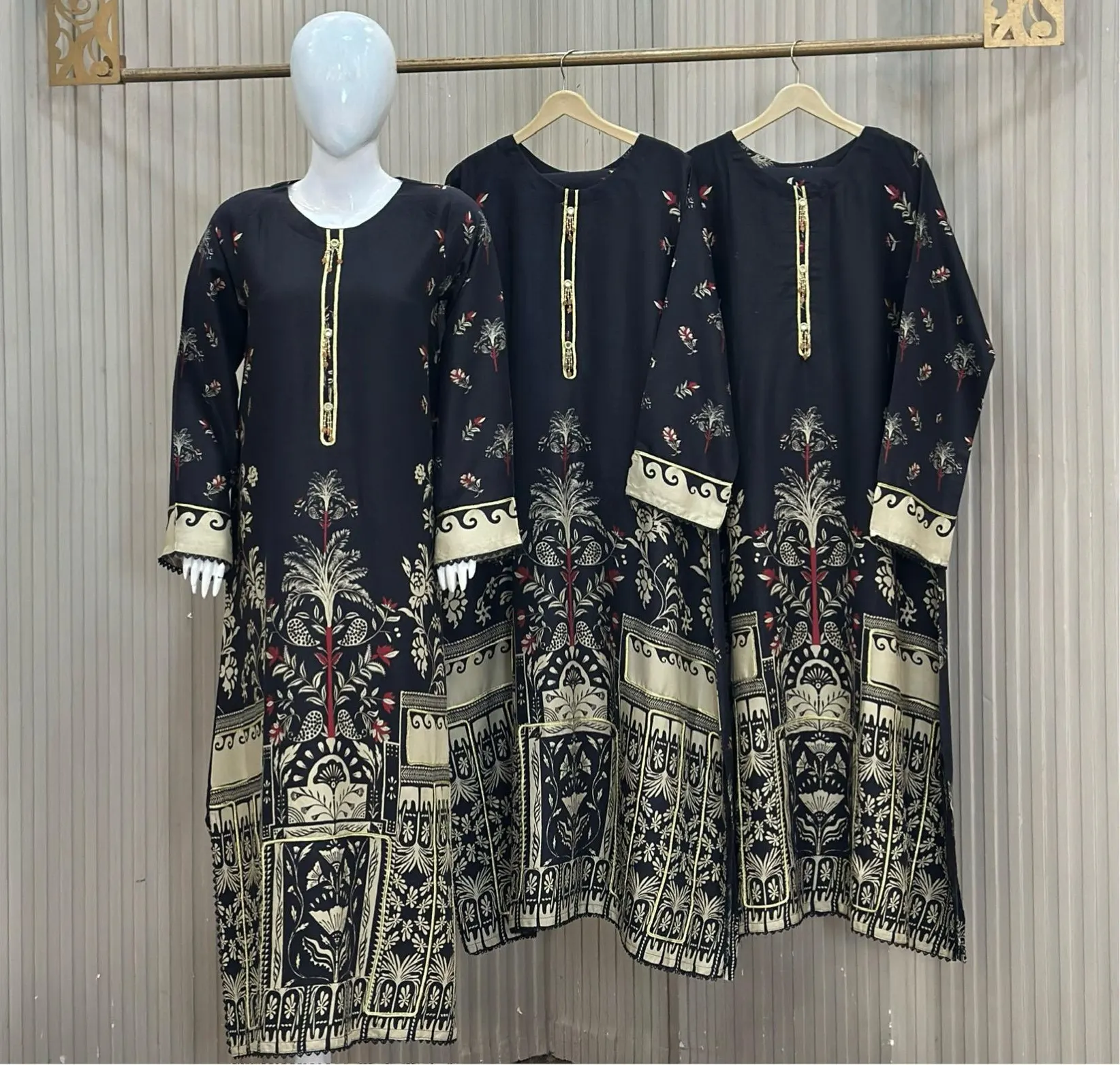 Jet Black with Beige Gold & Red Print 3 Piece Dhanak Marina Suit