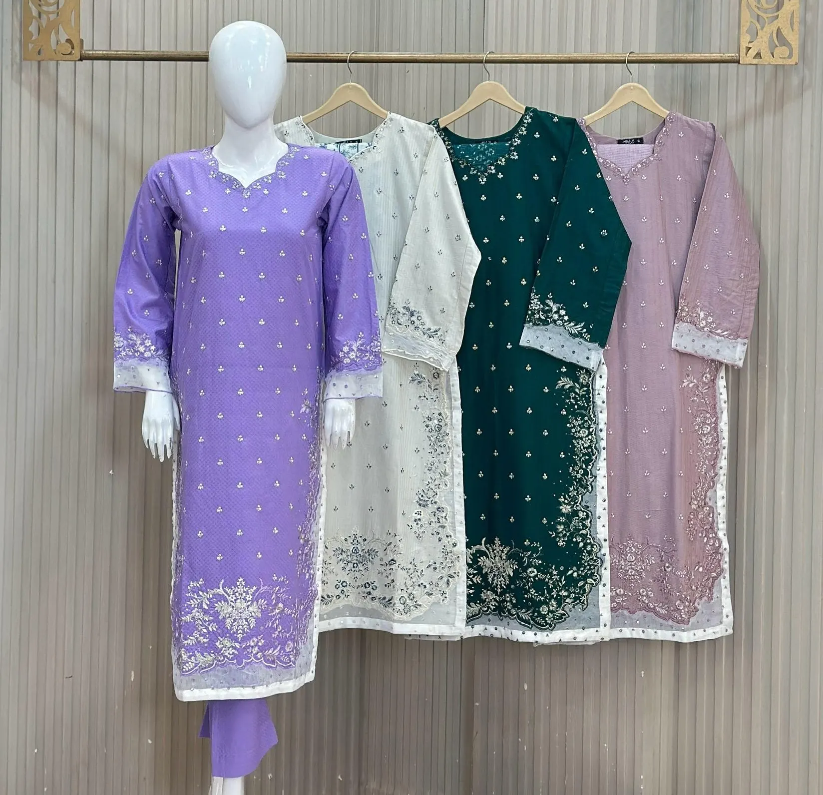 Premium Winter Cotton 3 Piece Suit in 4 Colors Lilac, Off-White, Bottle Green & Mauve Pink