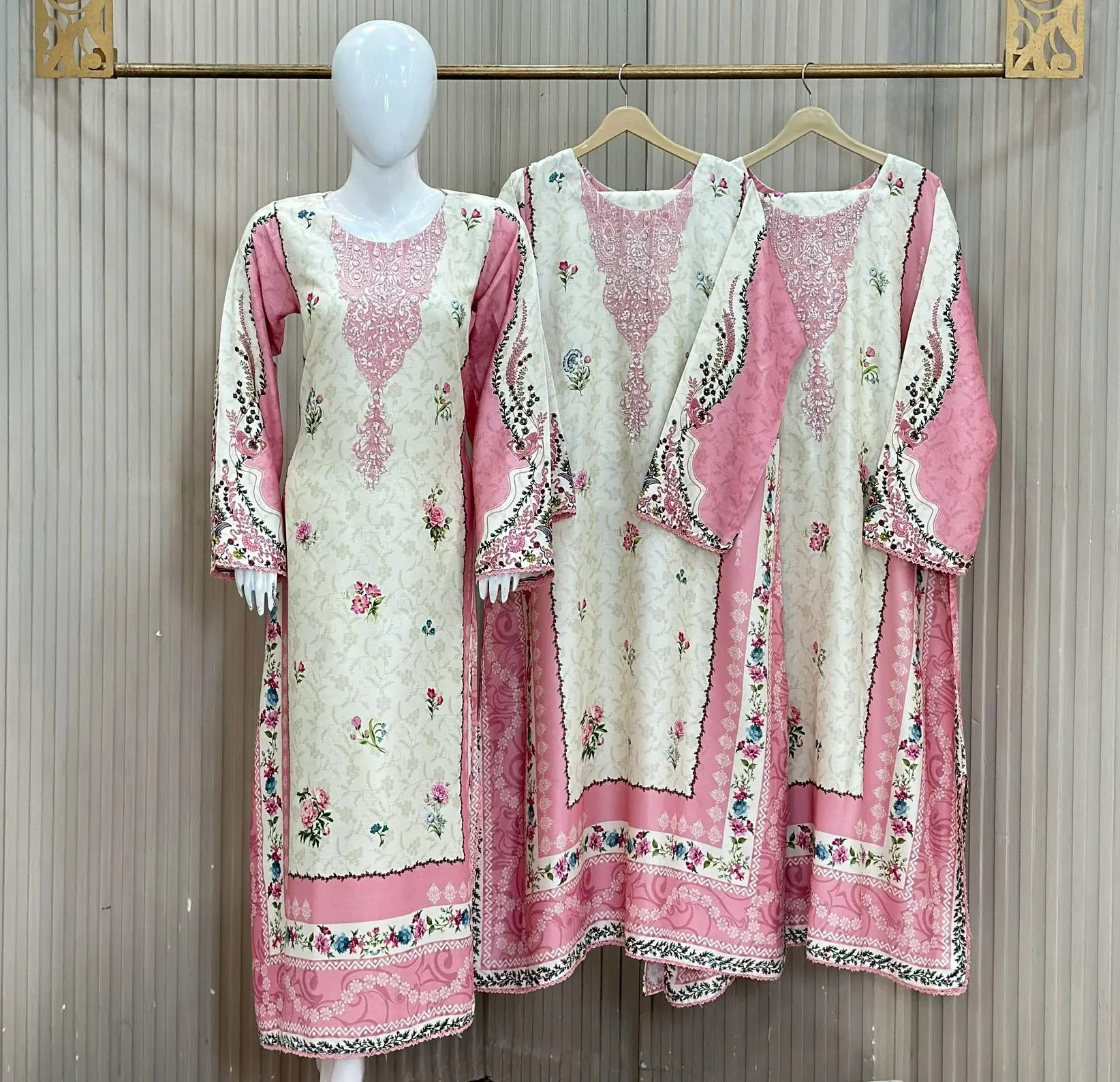 Beautiful Off-white and Light Ping 3 Piece Suit - Dhanak Marina Cotton