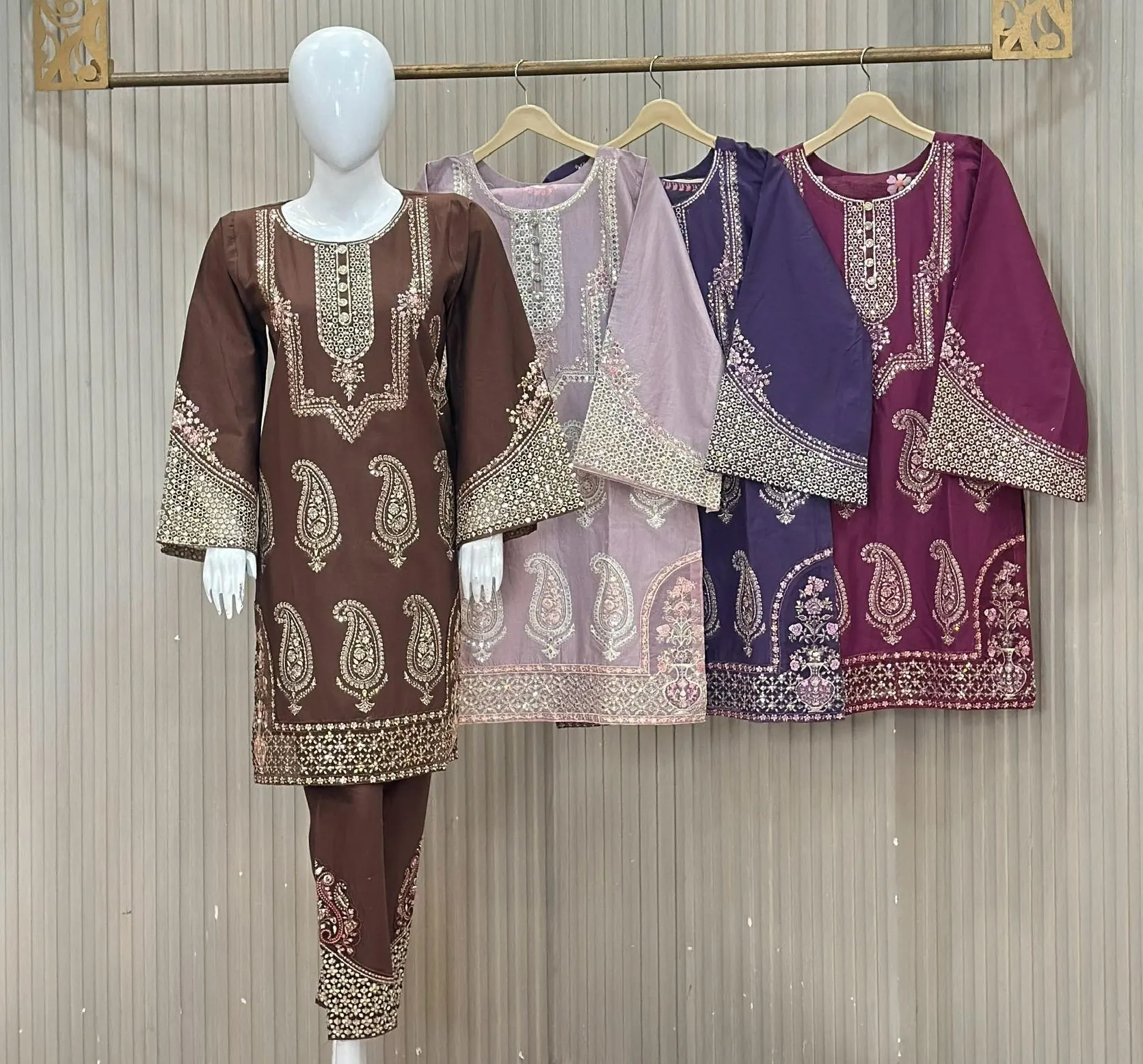 3 Piece Premium Winter Cotton Suit - Color Chocolate Brown, Soft Purple, Indigo Blue & Dark Magenta