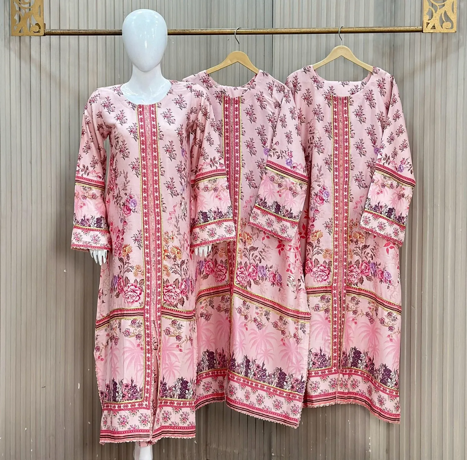 Light Pink Printed Design 3 Piece Primium Dhanak Marina Coton Suit