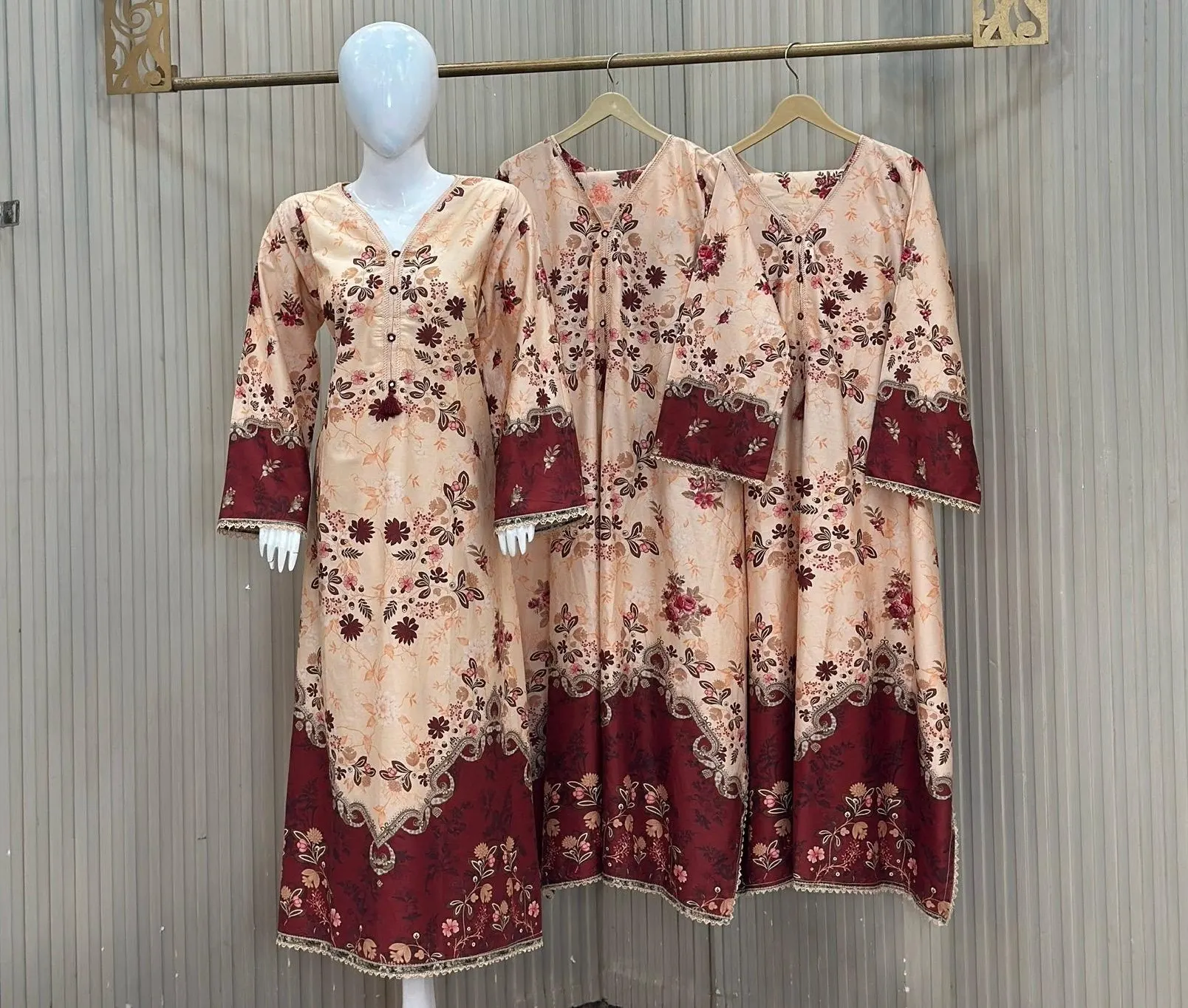 Multi Color Skin Tone with Deep Maroon 3 Piece Suit - Dhanak Marina Cotton