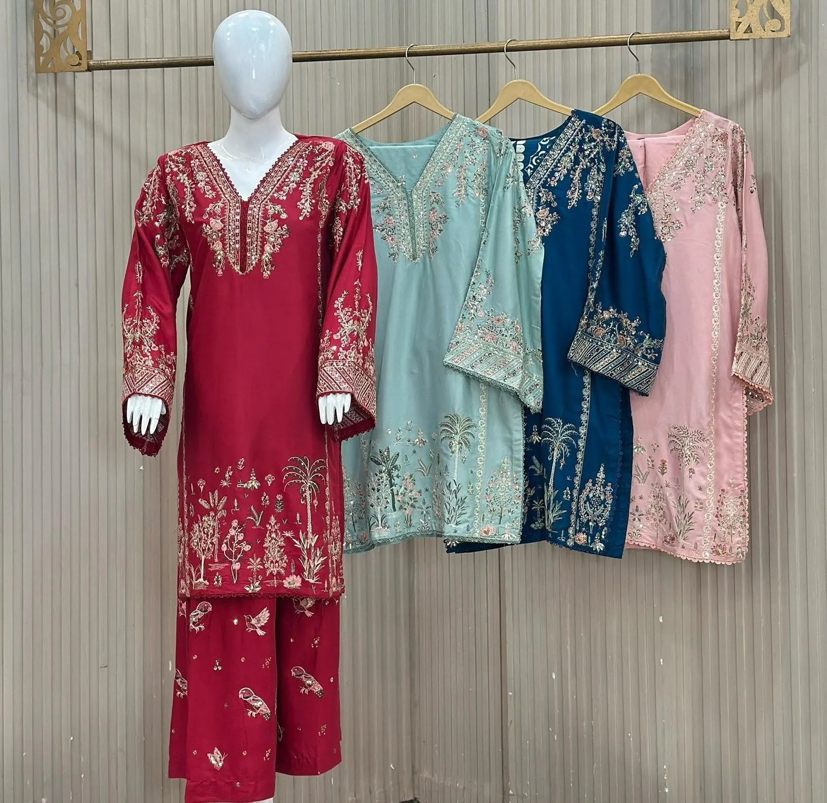 3 Piece Dhanak Marina Cotton Embroidery Palazzo Suit - Colours Available Magenta, Seafoam, Teal & Blush