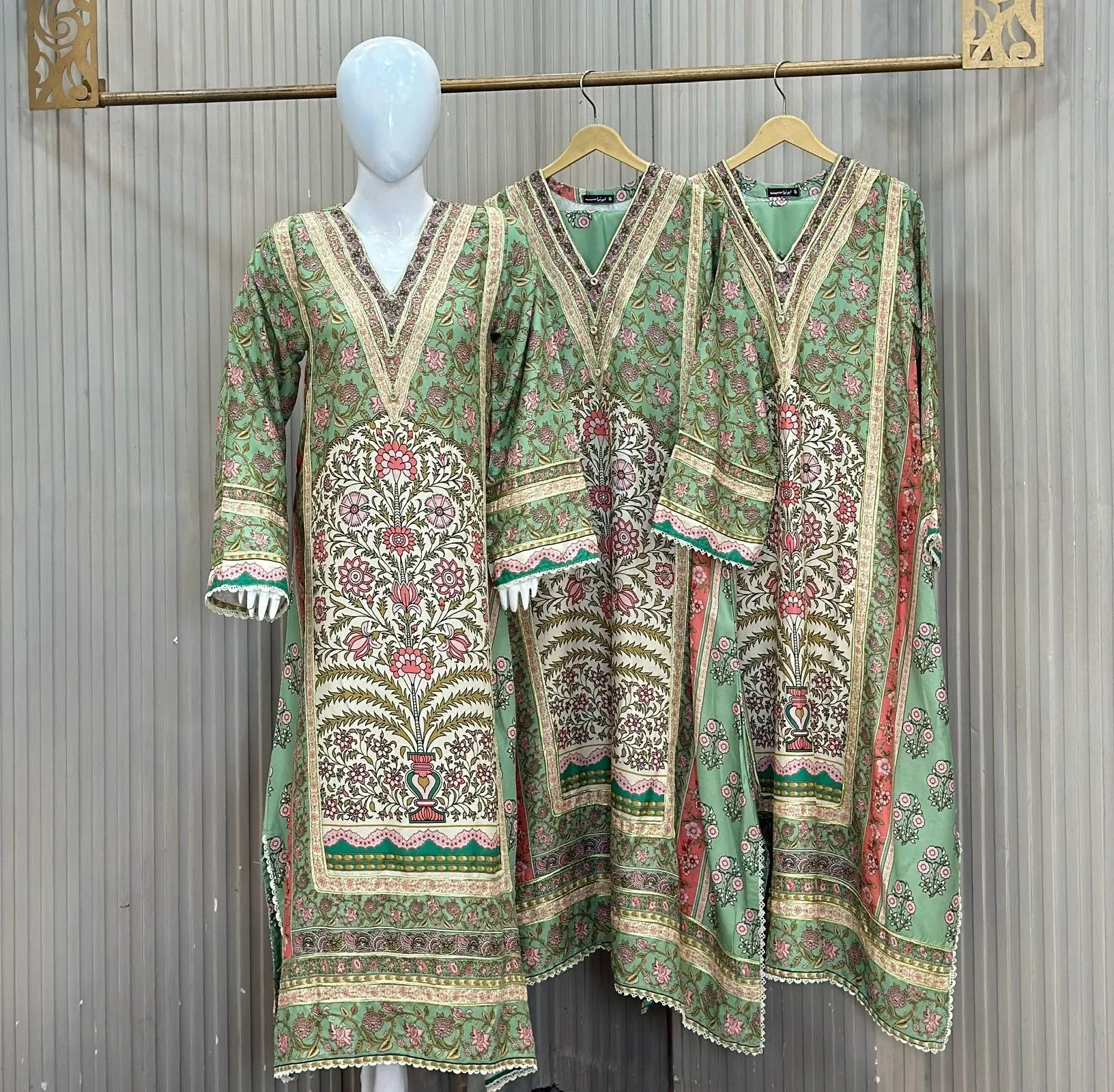Multi-Color Grass Green 3 Piece Suit - Dhanak Marina Cotton