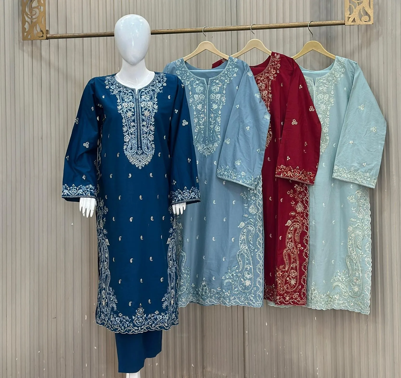 Embroidery 3 Piece Winter Cotton Suit - Available in Navy Blue, Slate Blue, Maroon & Ice Blue