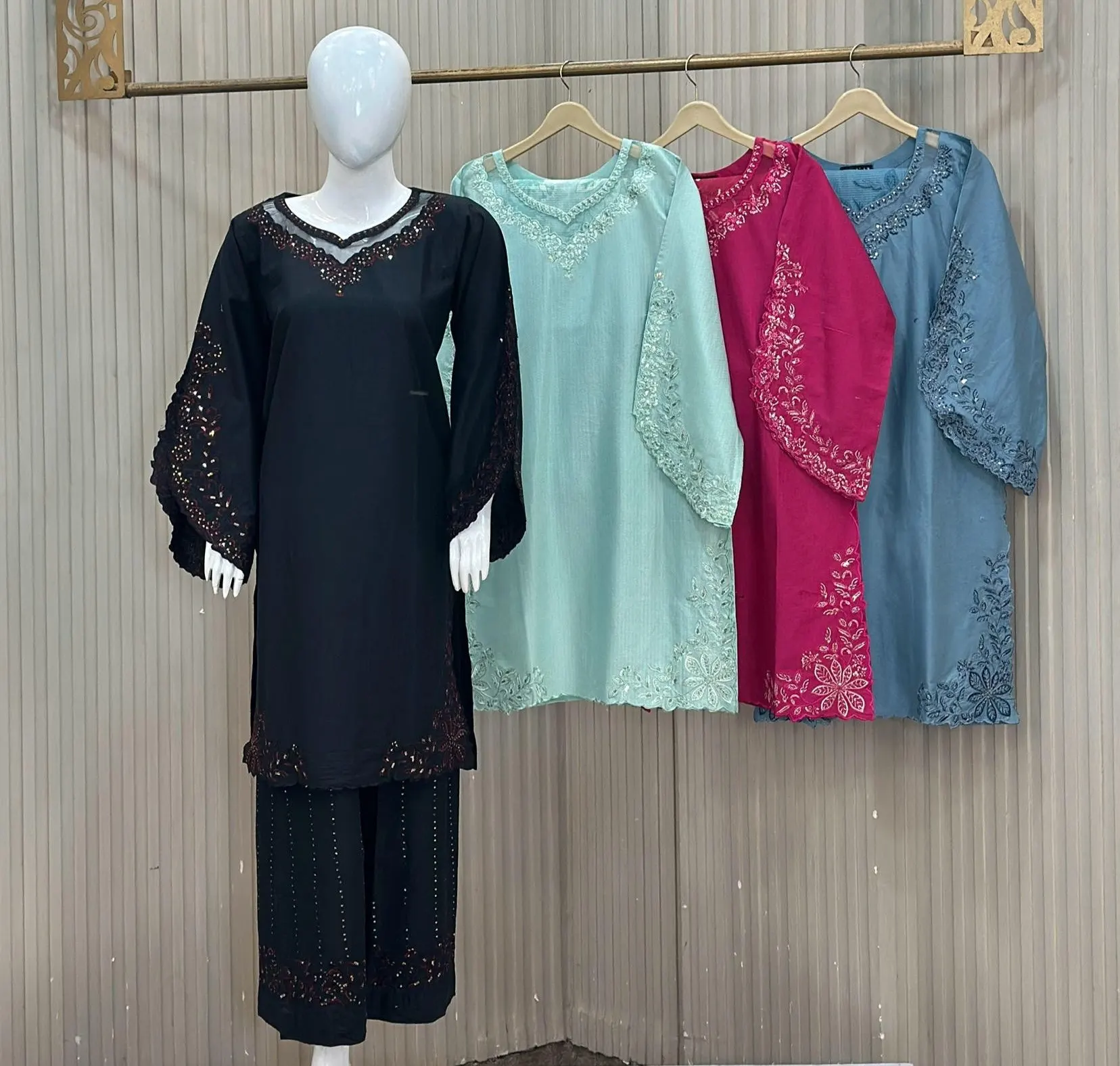 Embroidery Pelazo 3 Piece Suit - Winter Cotton Colors available Black, Light Mint Green, Magenta & Slate Blue