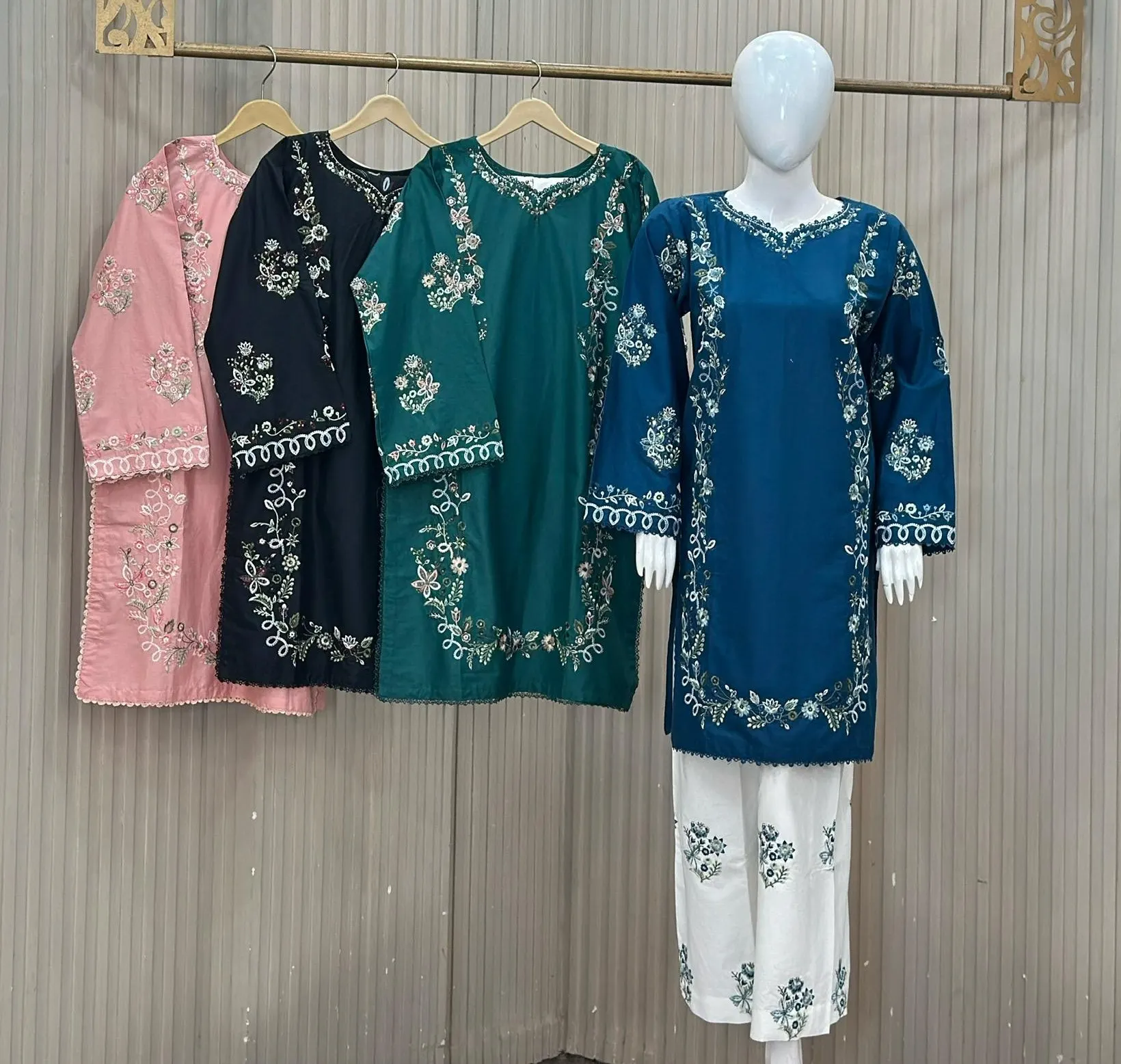 3 Piece Embroidery Suit in Colors Baby Pink, Black, Emerald Green & Peacock Blue - Dhanak Marina Cotton
