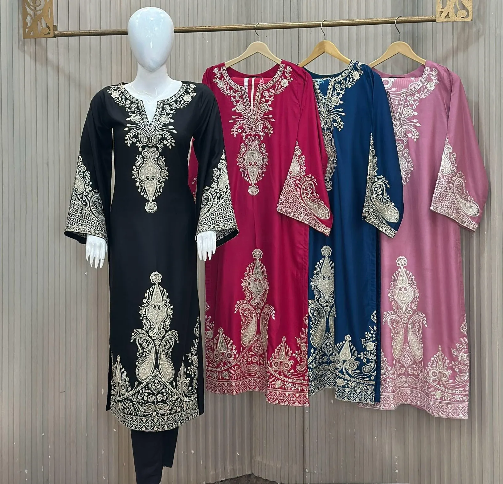 Embroidery Pelazo 3 Piece - Premium Dhanak Marina - Available in Black Magenta Red Navy Blue Mauve Pink