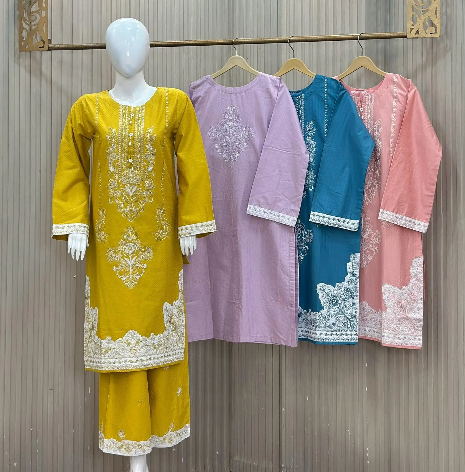 Winter Cotton Collection - 3 Piece Embroidery Suit in Mustard Yellow Light Lilac Teal Blue Peachy Pink