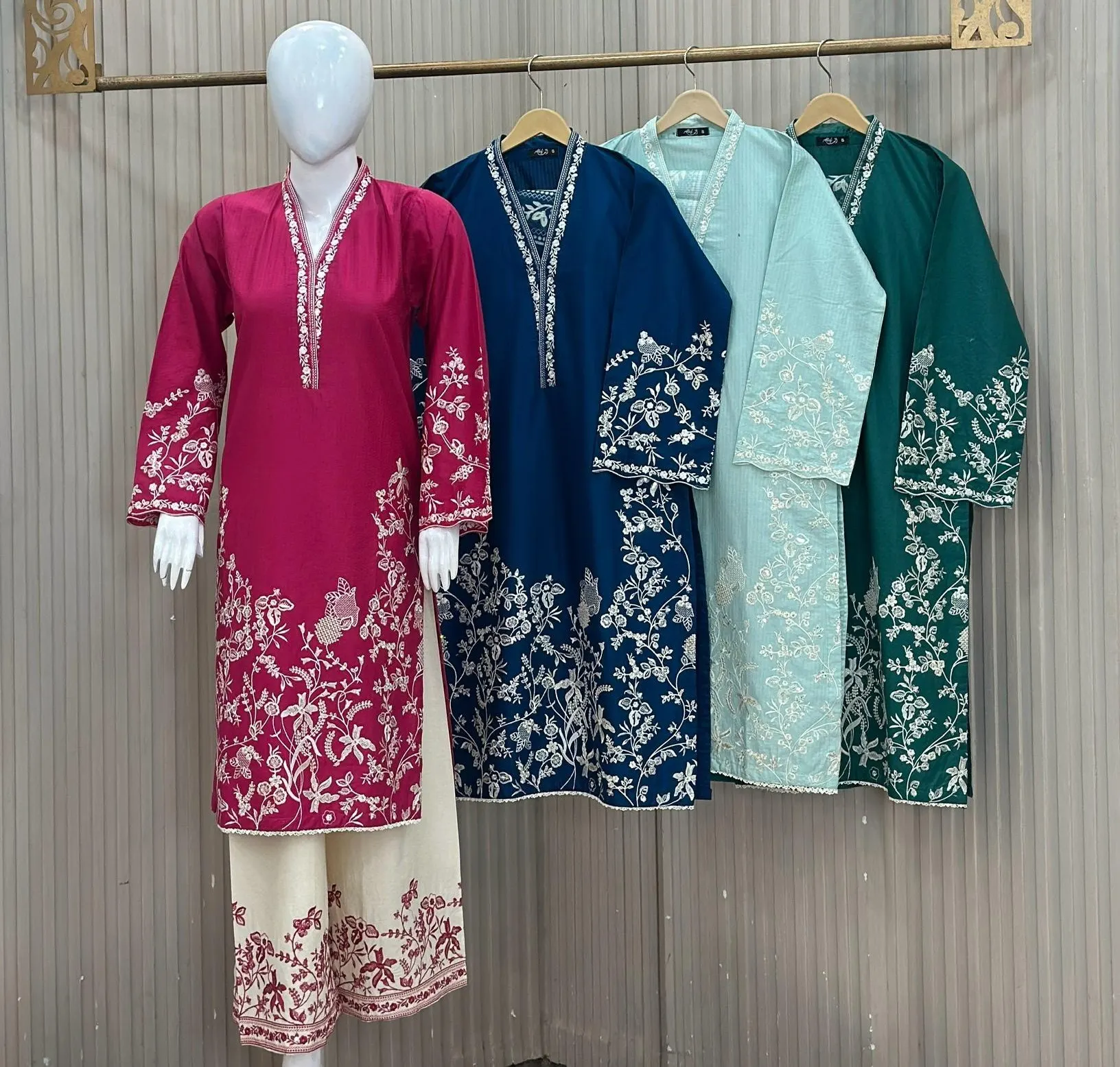 3 Piece Premium Cotton Embroidery Suit in Red, Peacock Blue, Ice Blue & Grass Green