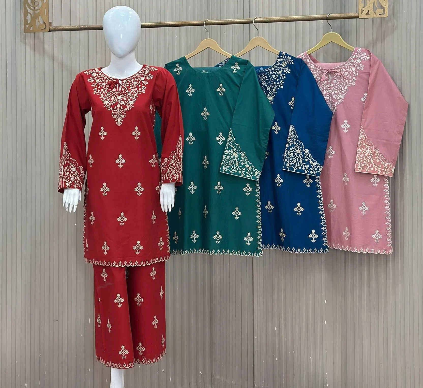 Embroidery 3 Piece Suit - Premium Winter Cotton - Crimson Red, Forest Green, Ocean Blue & Soft Mauve