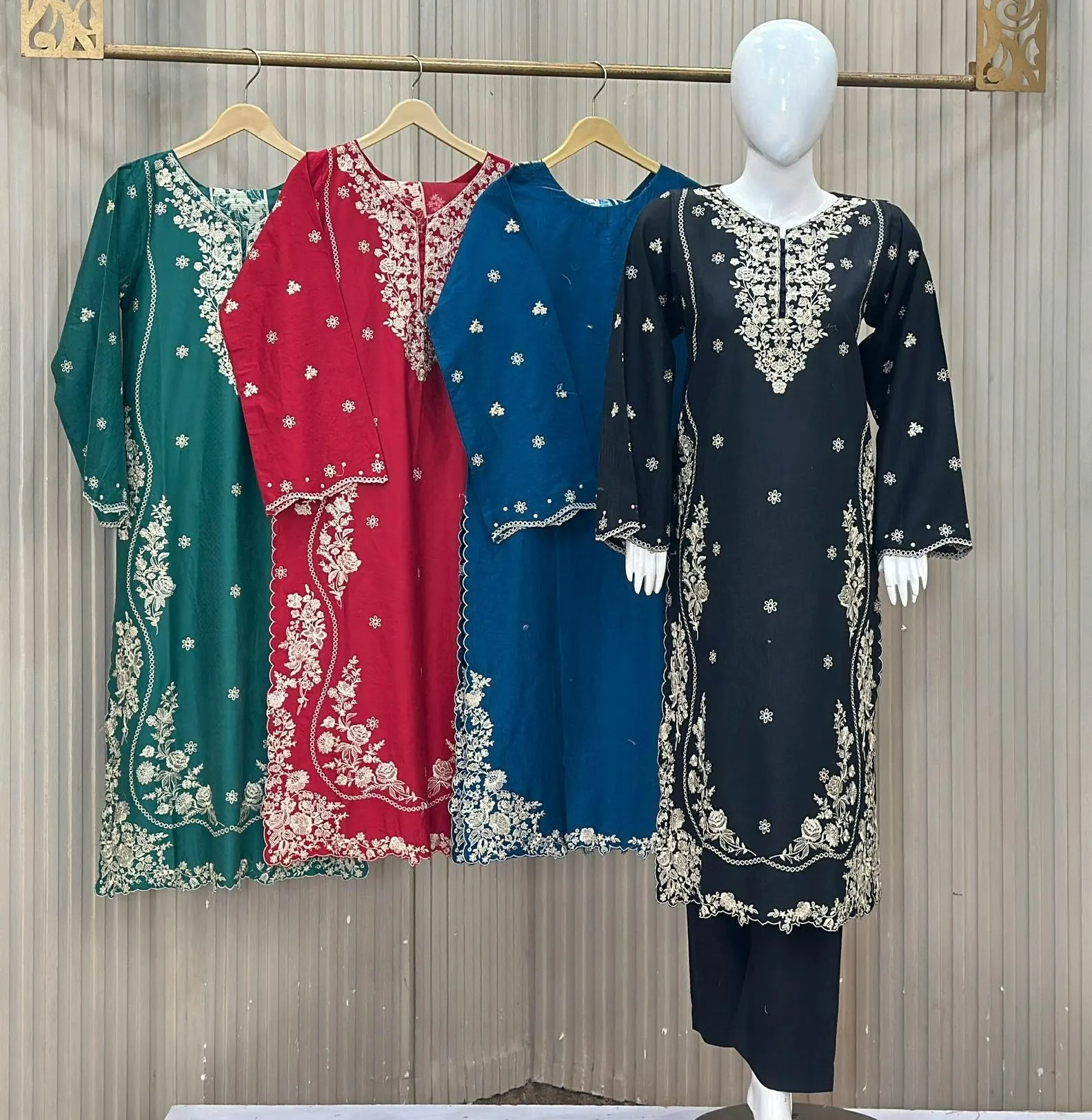 3 Piece Embroidery Suit - Premium Winter Cotton - Available in Forest Green Deep Red Teal Blue & Black