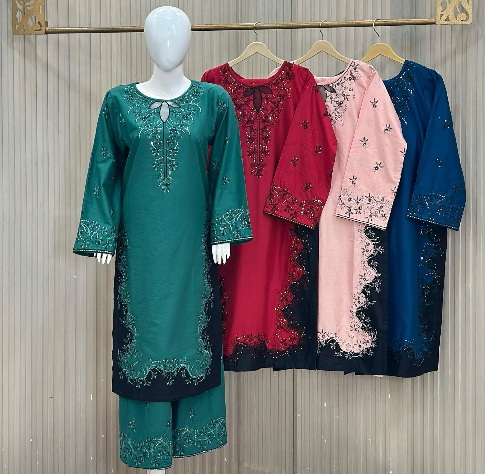 3 Piece Embroidery Pelazzo Made with Premium Winter Cotton Teal Green Maroon Soft Pink & Navy Blue