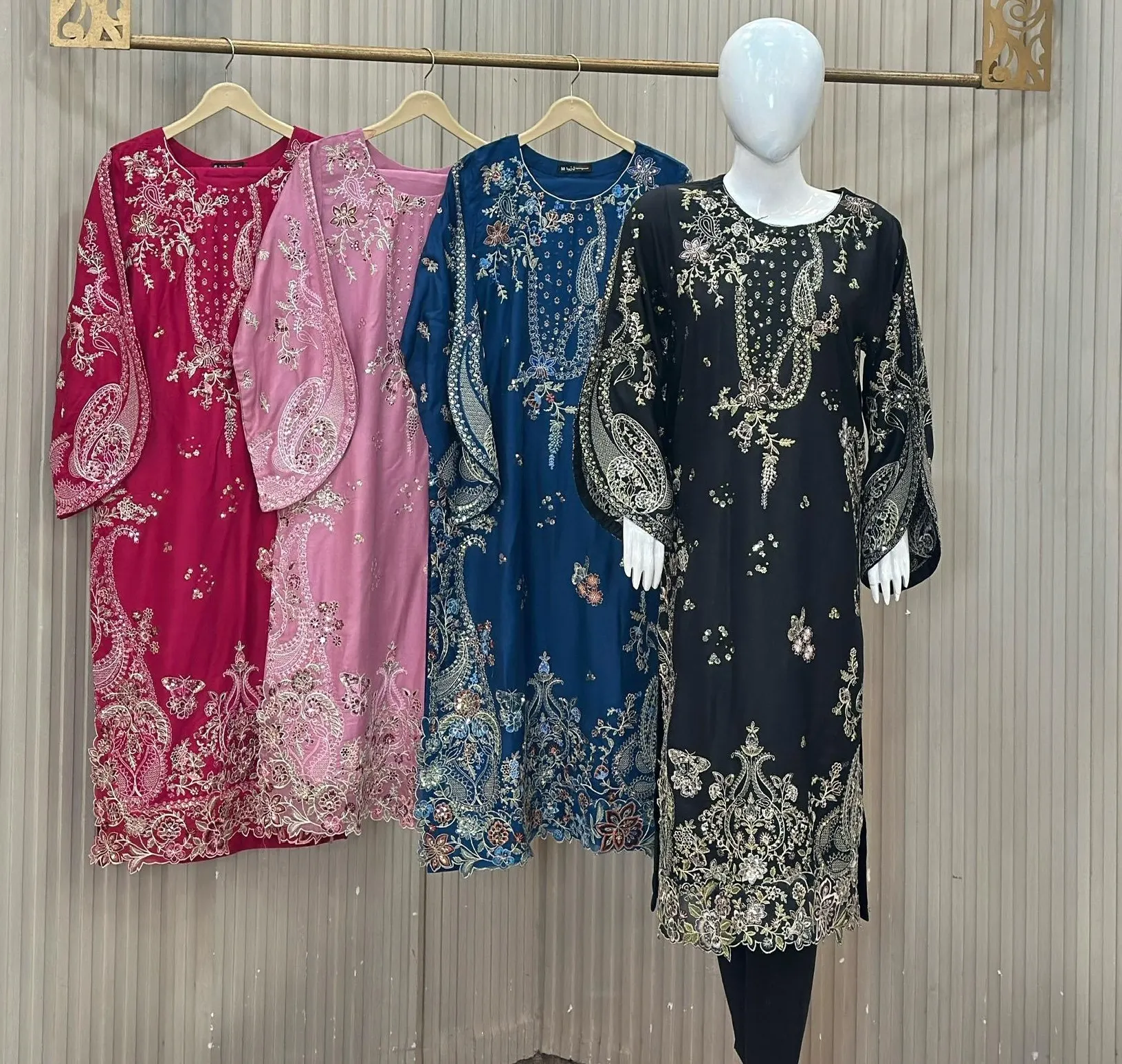 Embroidery 3-Piece Premium Dhanak Marina Suit – Magenta, Light Pink, Ocean Blue & Black