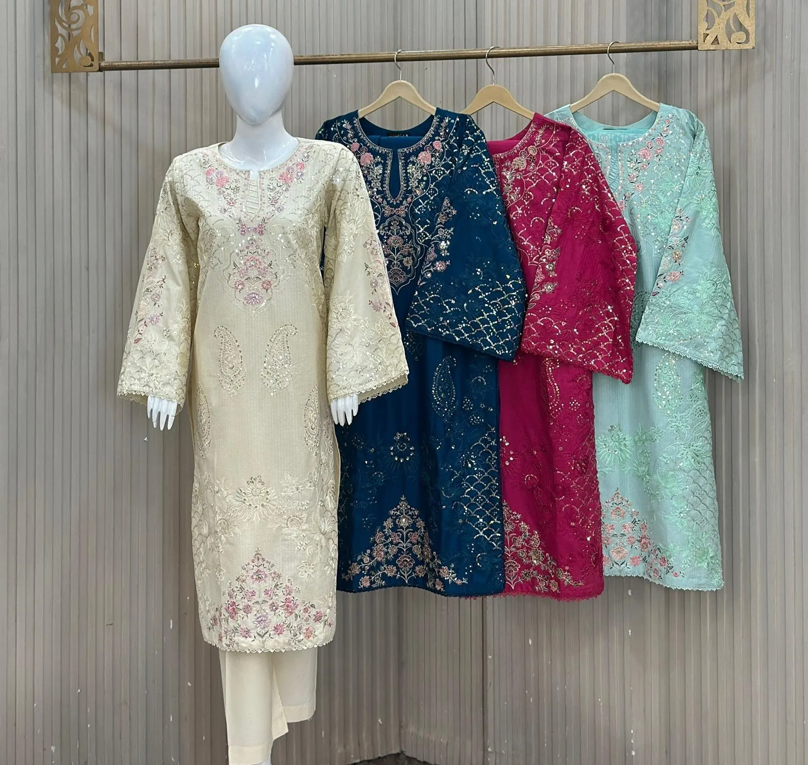 3-Piece Premium Winter Cotton Embroidery Suit – Off-White, Deep Blue, Magenta & Mint Green