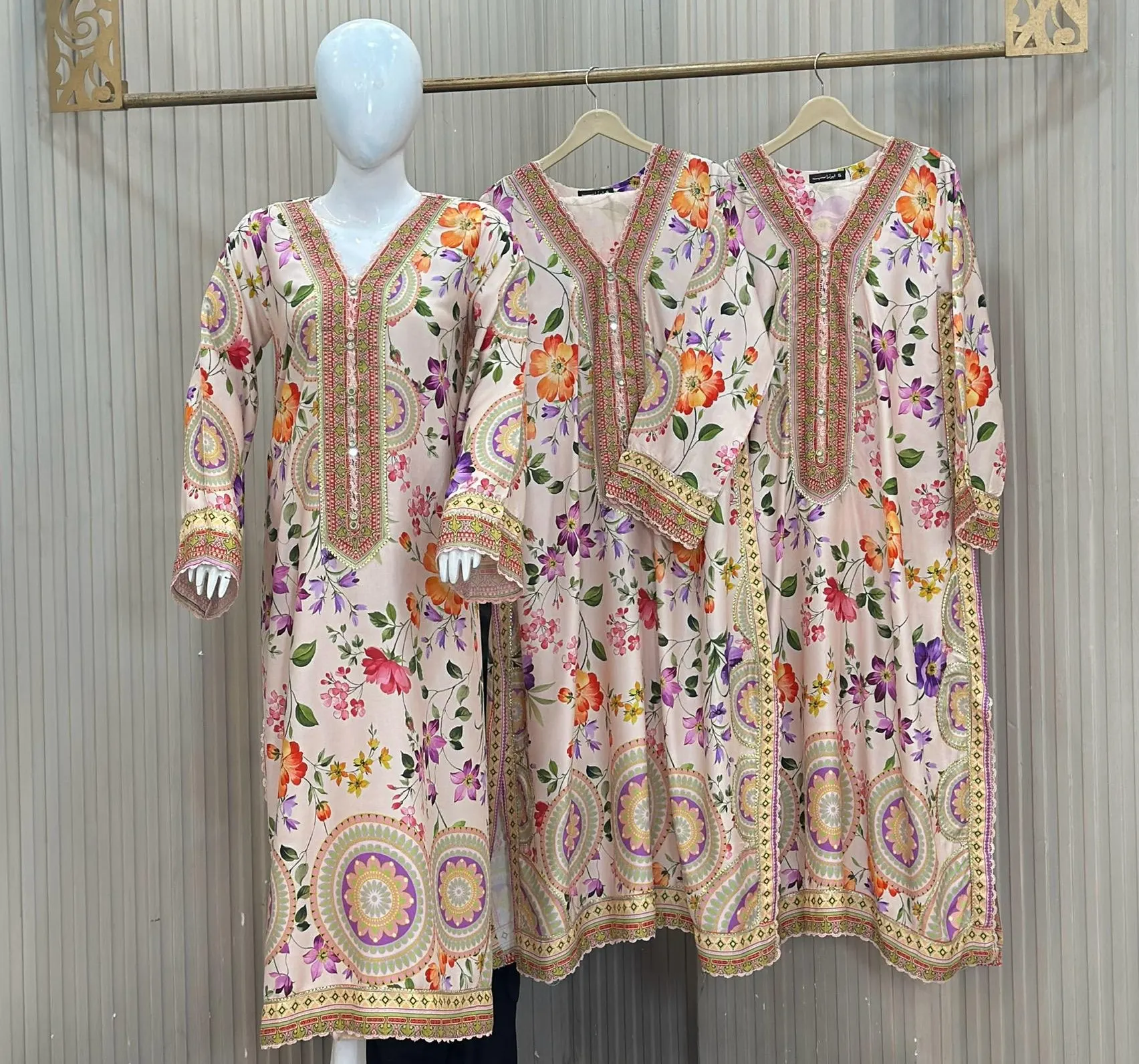 Alif Print Kaftan 3-Piece Premium Dhanak Marina – Light Beige Orange with Multi Color Design