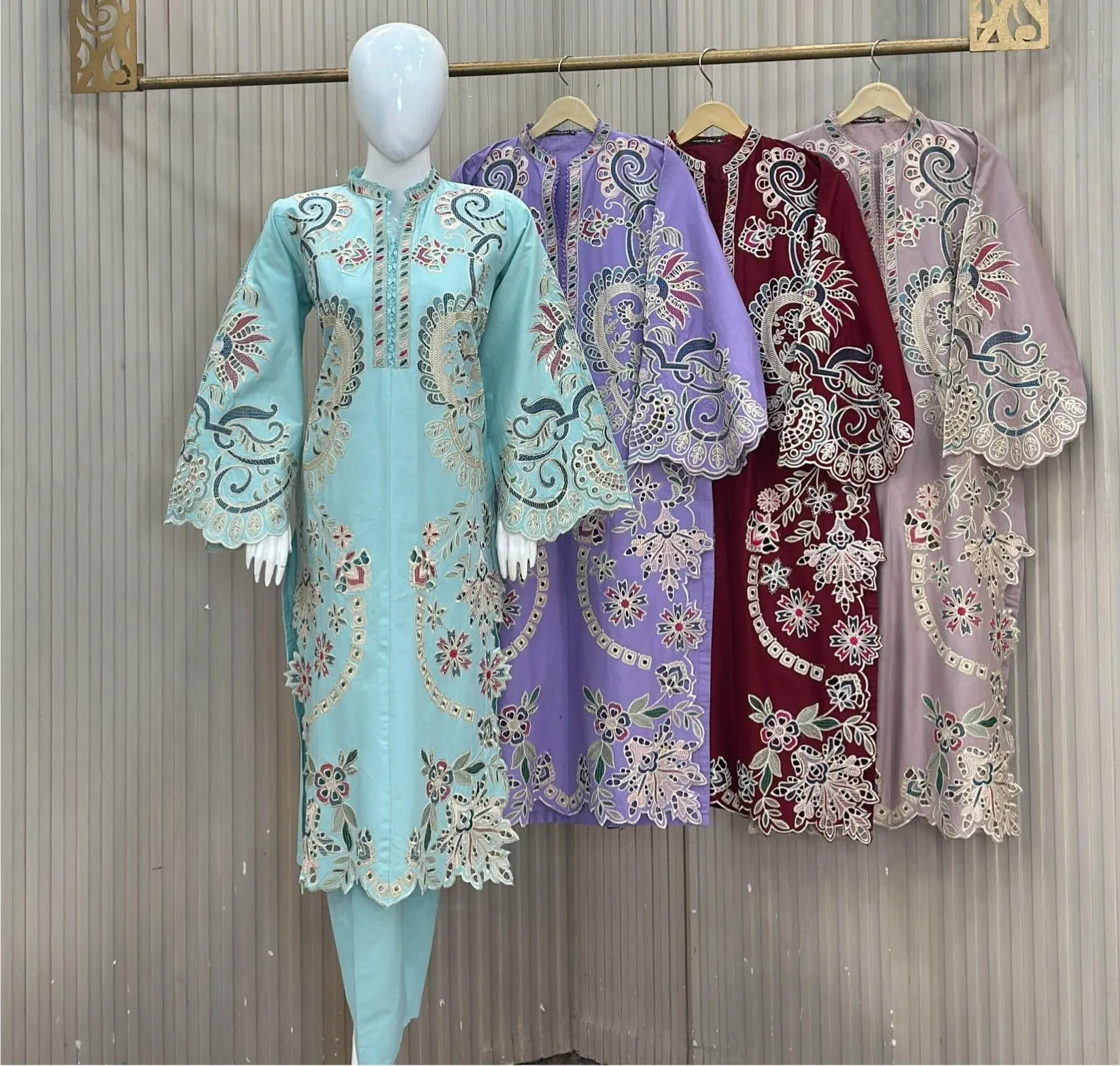 3-Piece Premium Winter Cotton Embroidery Suit – Sky Blue, Lilac, Maroon & Dusty Mauve