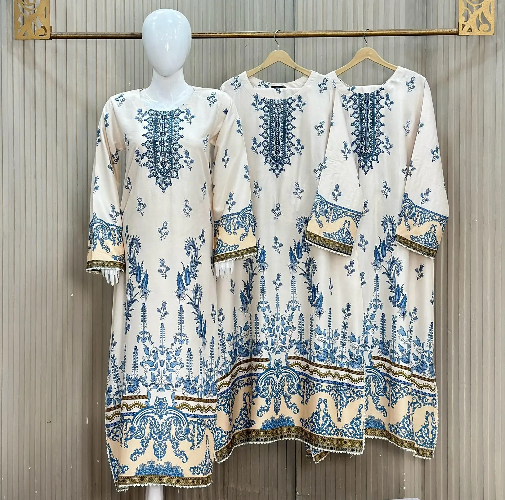 Alif Print Kaftan 3-Piece Premium Dhanak Marina – Light Cream