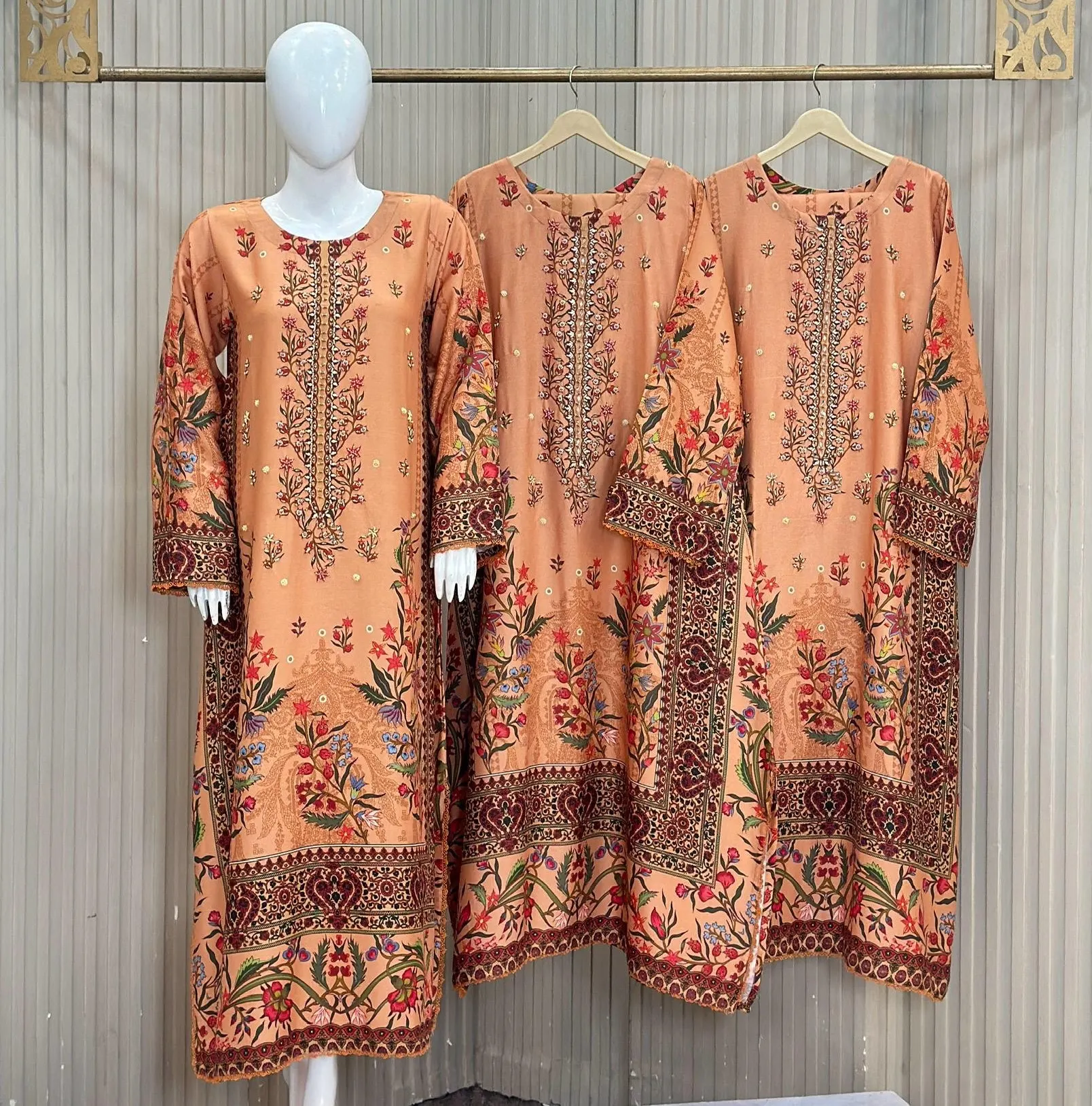 Premium Dhanak Marina 3-Piece Print Kaftan – Peach Color Base with Multi-Color Design
