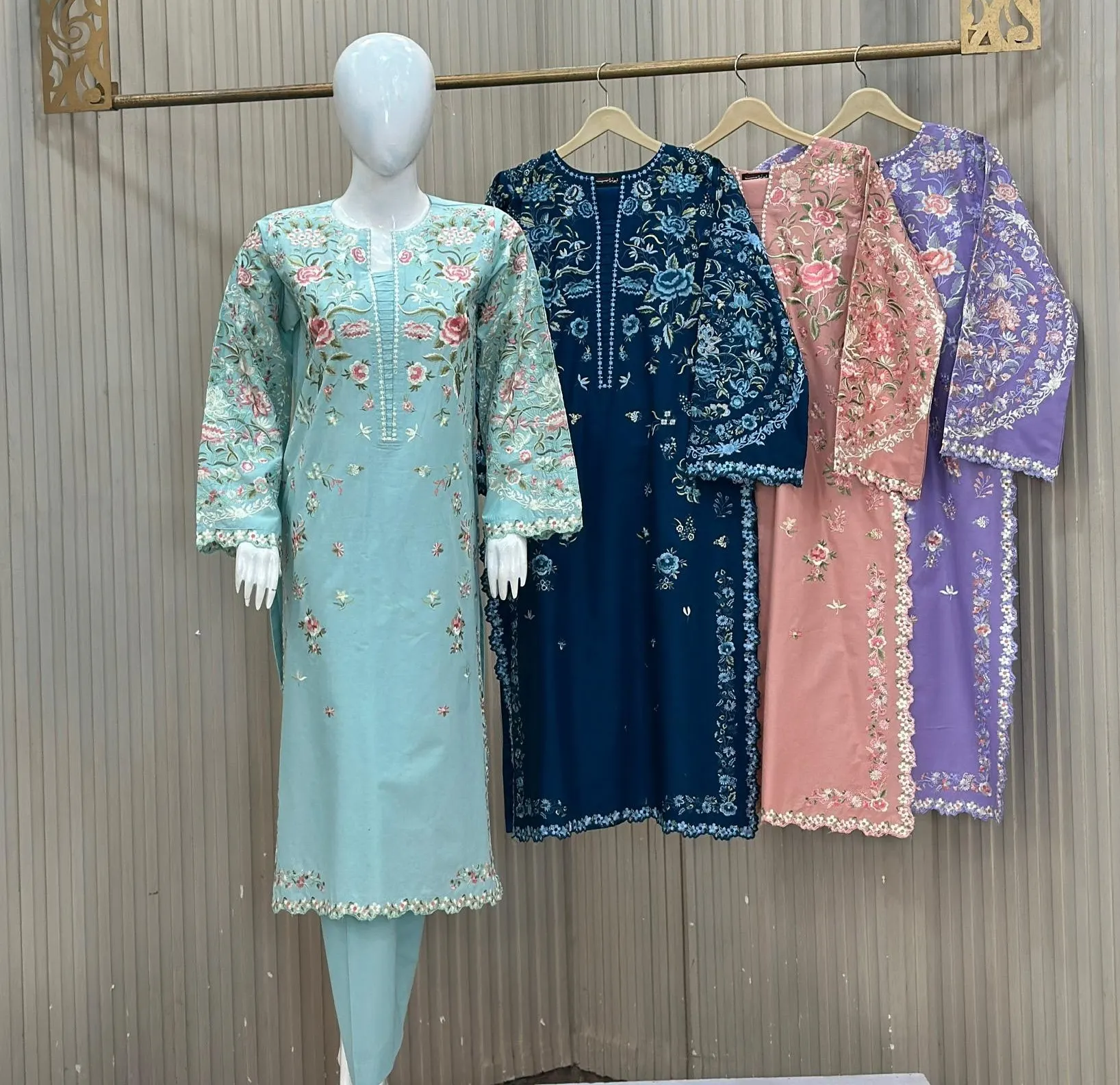 Embroidery 3-Piece Premium Winter Cotton Suit – Ice Blue, Navy Blue, Coral Pink & Periwinkle Purple