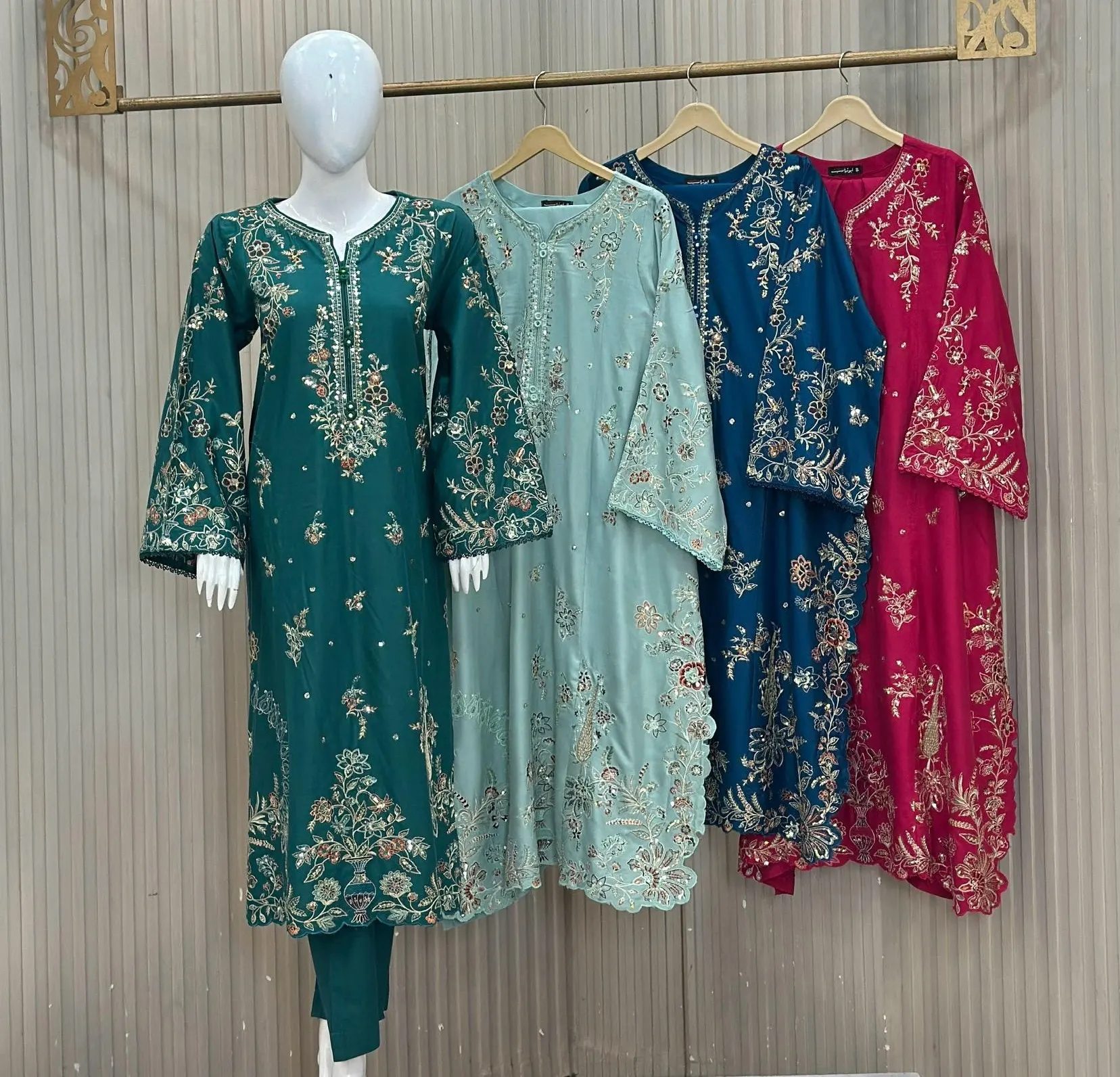 Embroidery Palazzo 3-Piece Premium Dhanak Marina – Emerald Green, Mint Blue, Teal Blue & Magenta