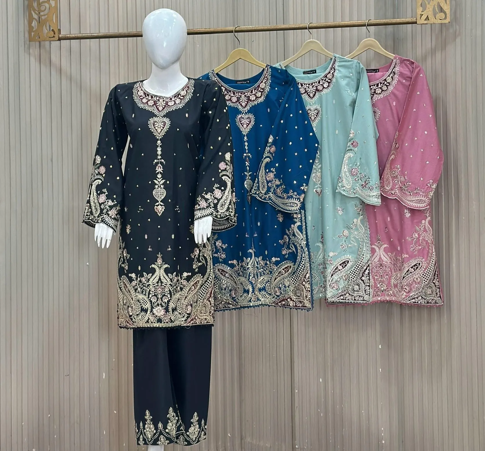 Premium Dhanak Marina Embroidery Palazzo 3-Piece – Black, Teal Blue, Ice Blue & Dusty Pink