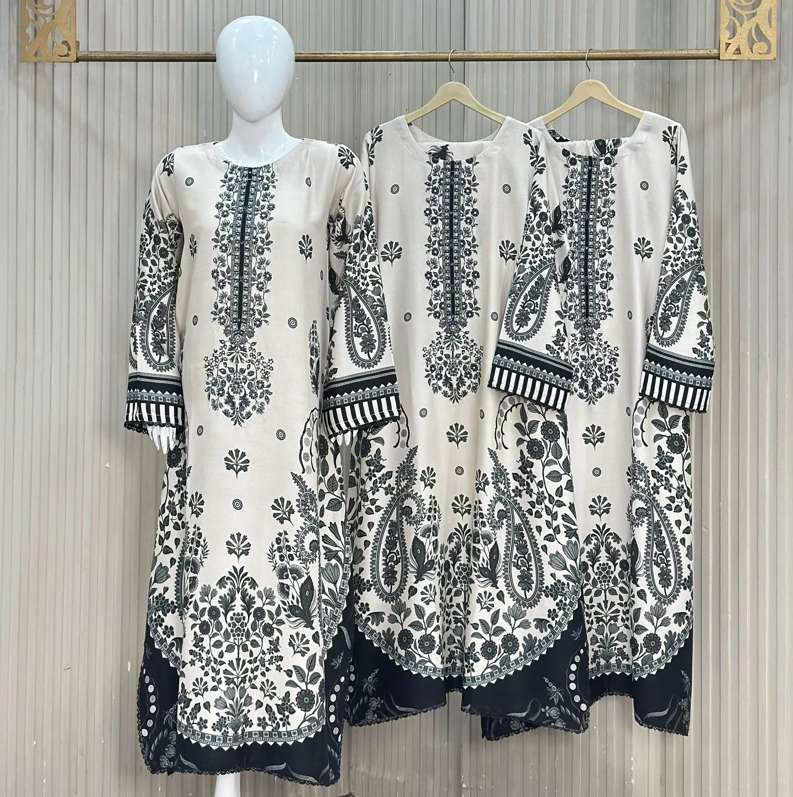 Alif Print Kaftan 3-Piece Premium Dhanak Marina – Off-White