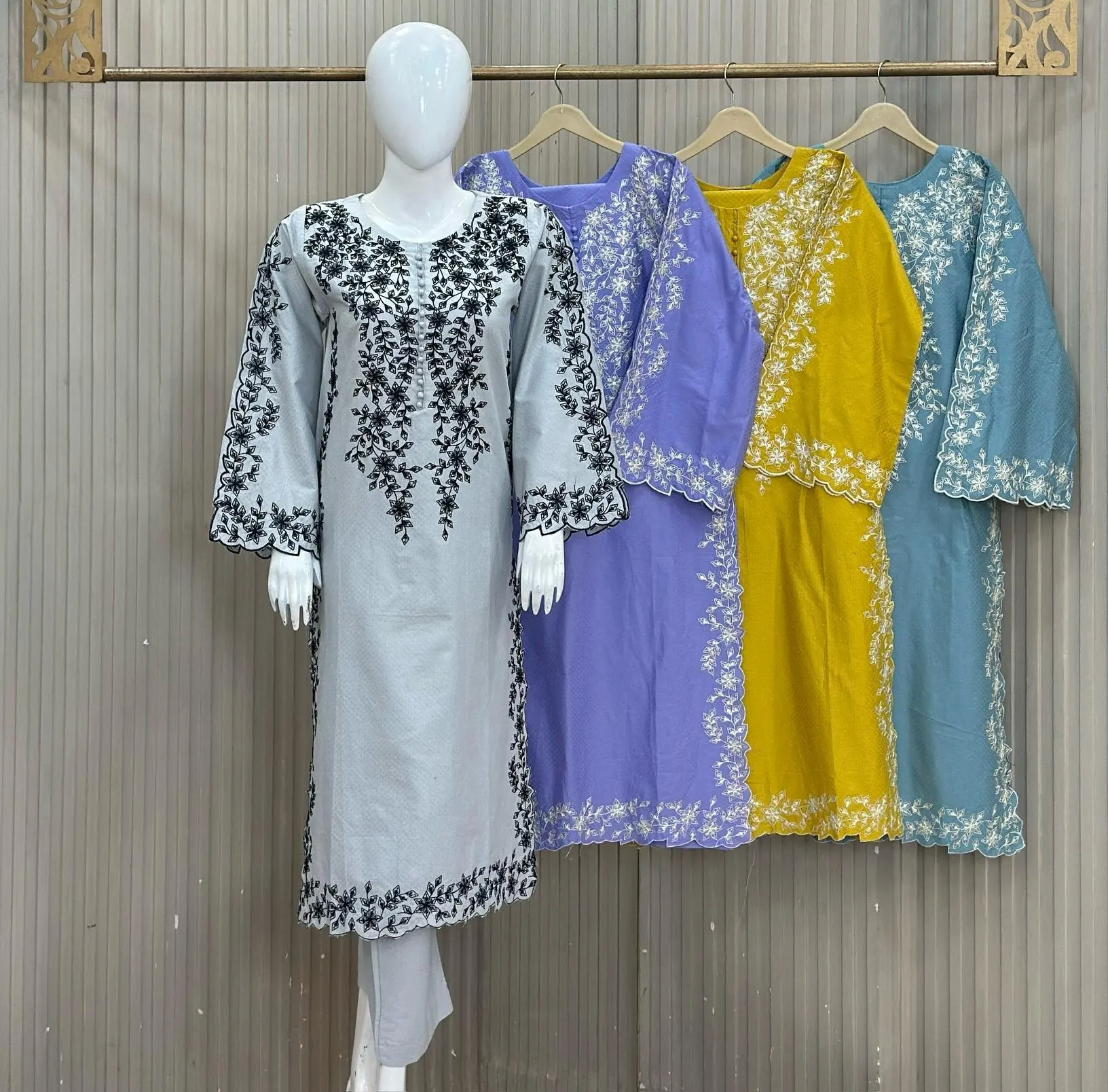 3 Piece Embroidery Suit Made with Premium Winter Cotton Available in Light Grey, Periwinkle, Mustard & Dusty Slate