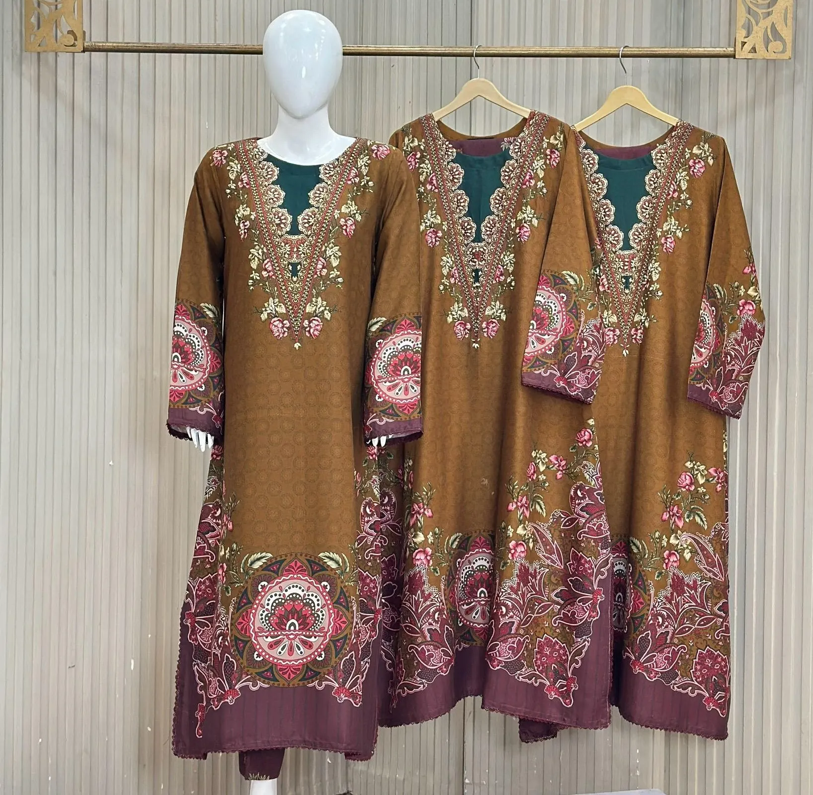Printed Kaftan 3 Piece Suit made with Premium Dhanak Marina Available in Warm Ochre