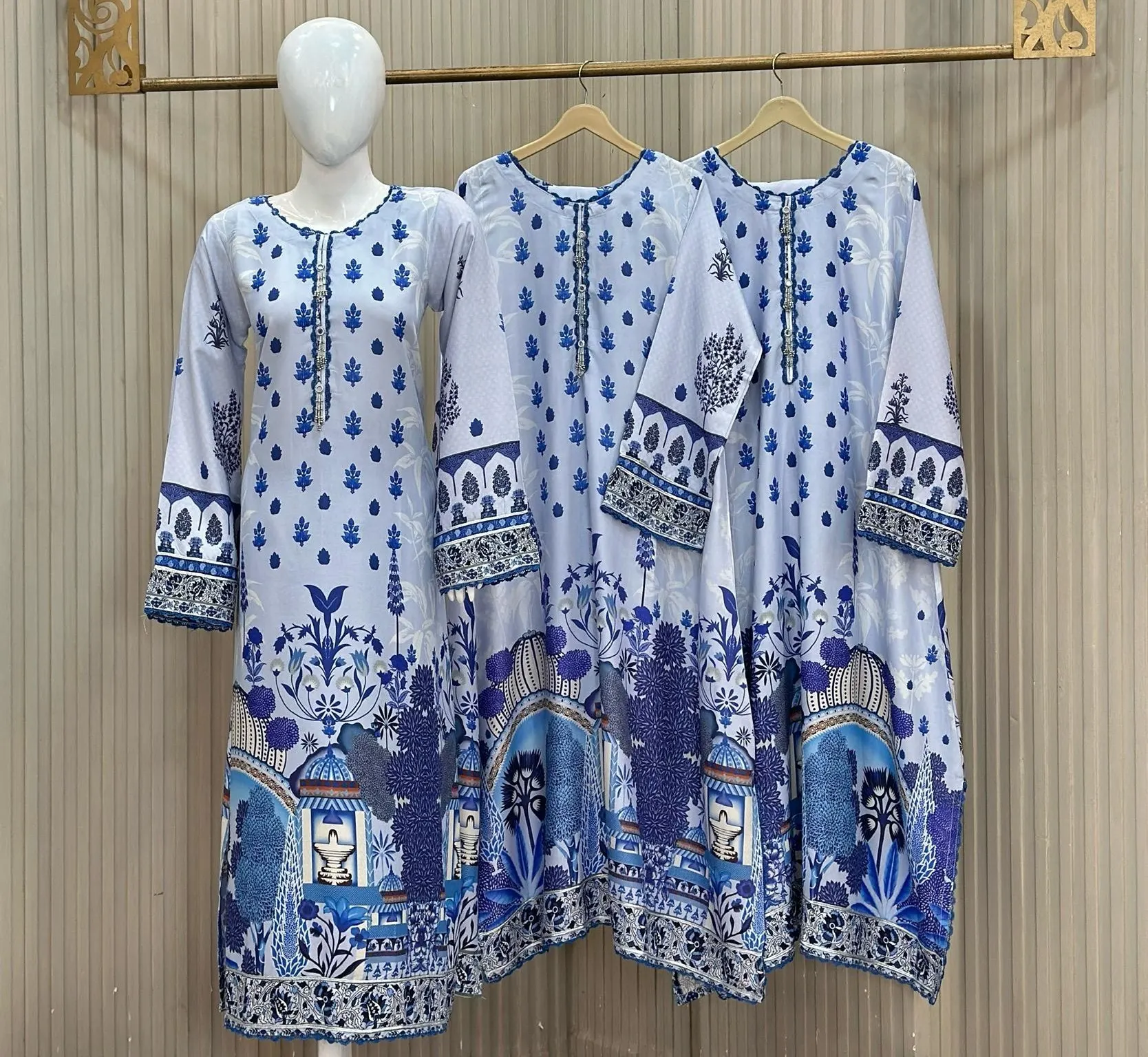 Print Kaftan 3-Piece Dhanak Marina Suit - Ice Blue