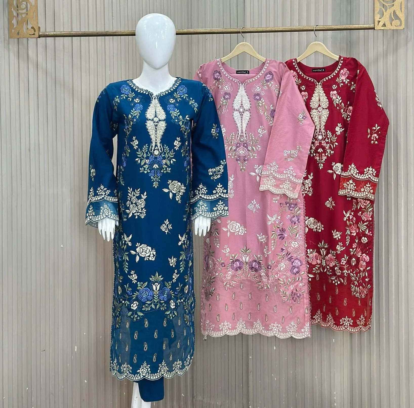 Embroidery 3-Piece Dhanak Marina Suit - Teal, Dusty Pink & Maroon Colors Available