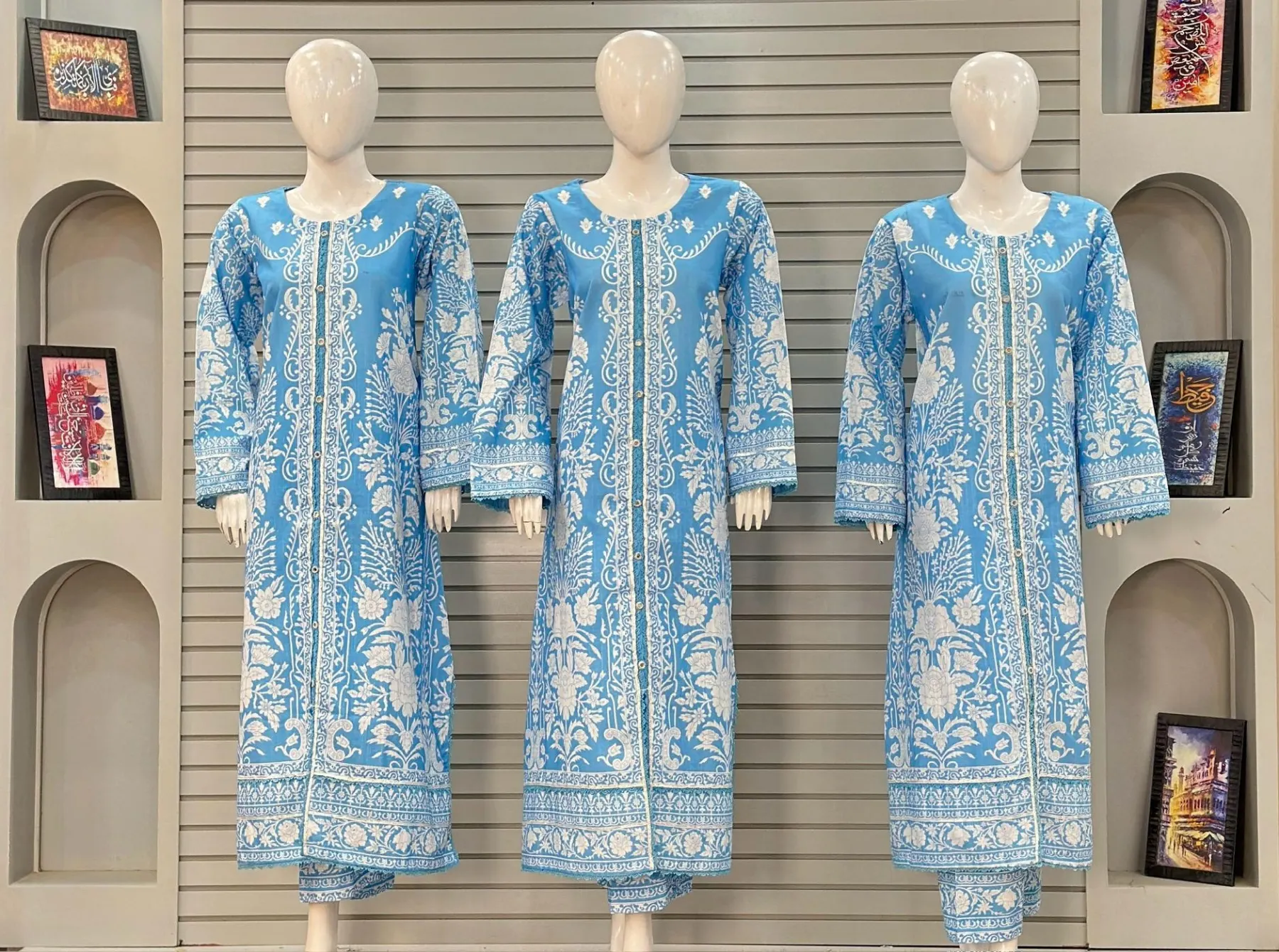 Sky Blue Printed Khaddar 3-Piece Kaftan Set by Alif