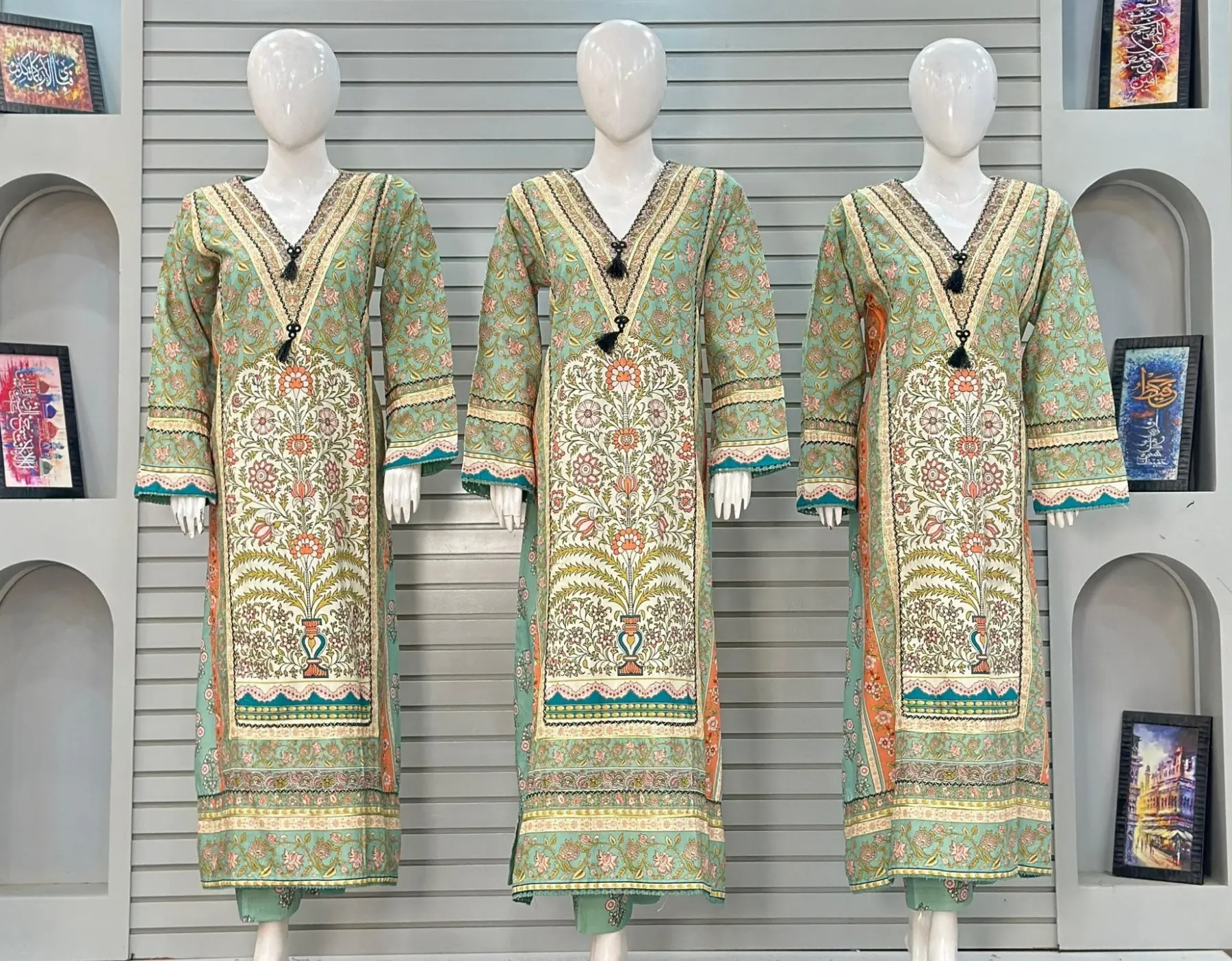 3-Piece Premium Khaddar Kaftan Suit by Alif in Mint Green