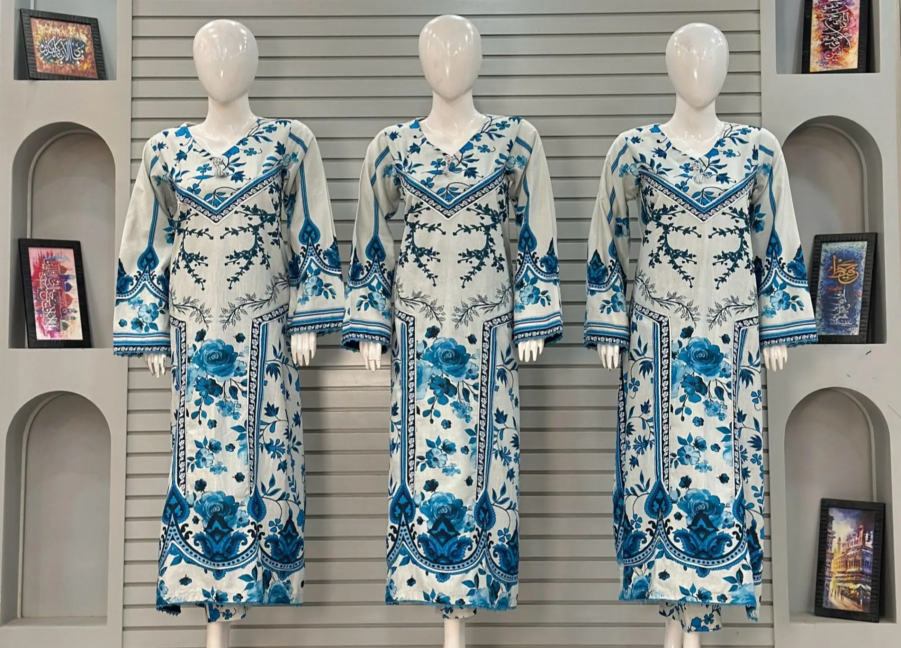 Alif Floral Print 3-Piece Premium Khaddar Kaftan Dress in Off-White & Royal Blue