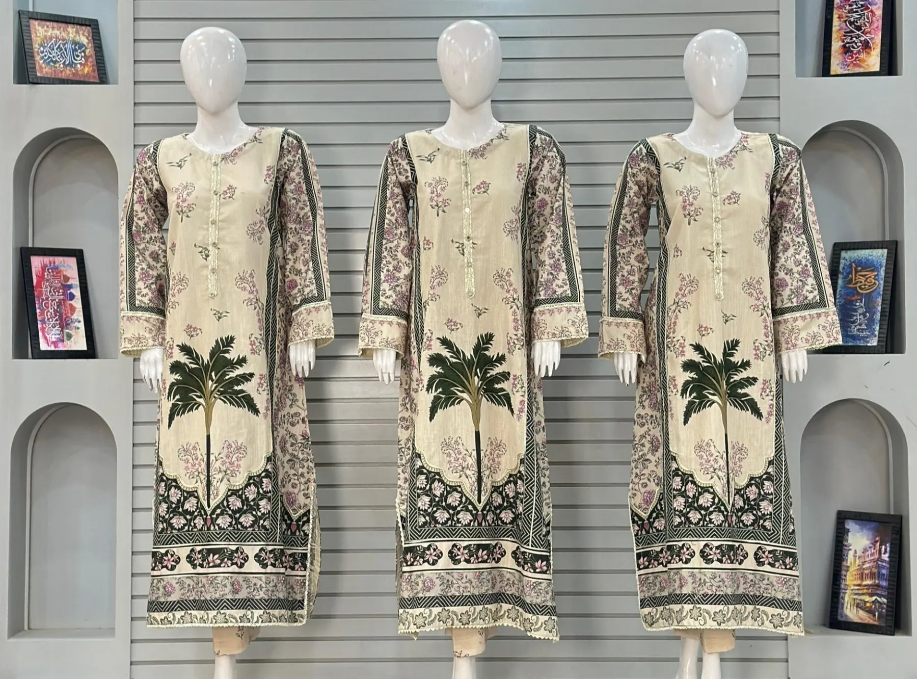 Alif Premium Khaddar 3-Piece Kaftan Suit with Green Palm Tree Print in Off-White