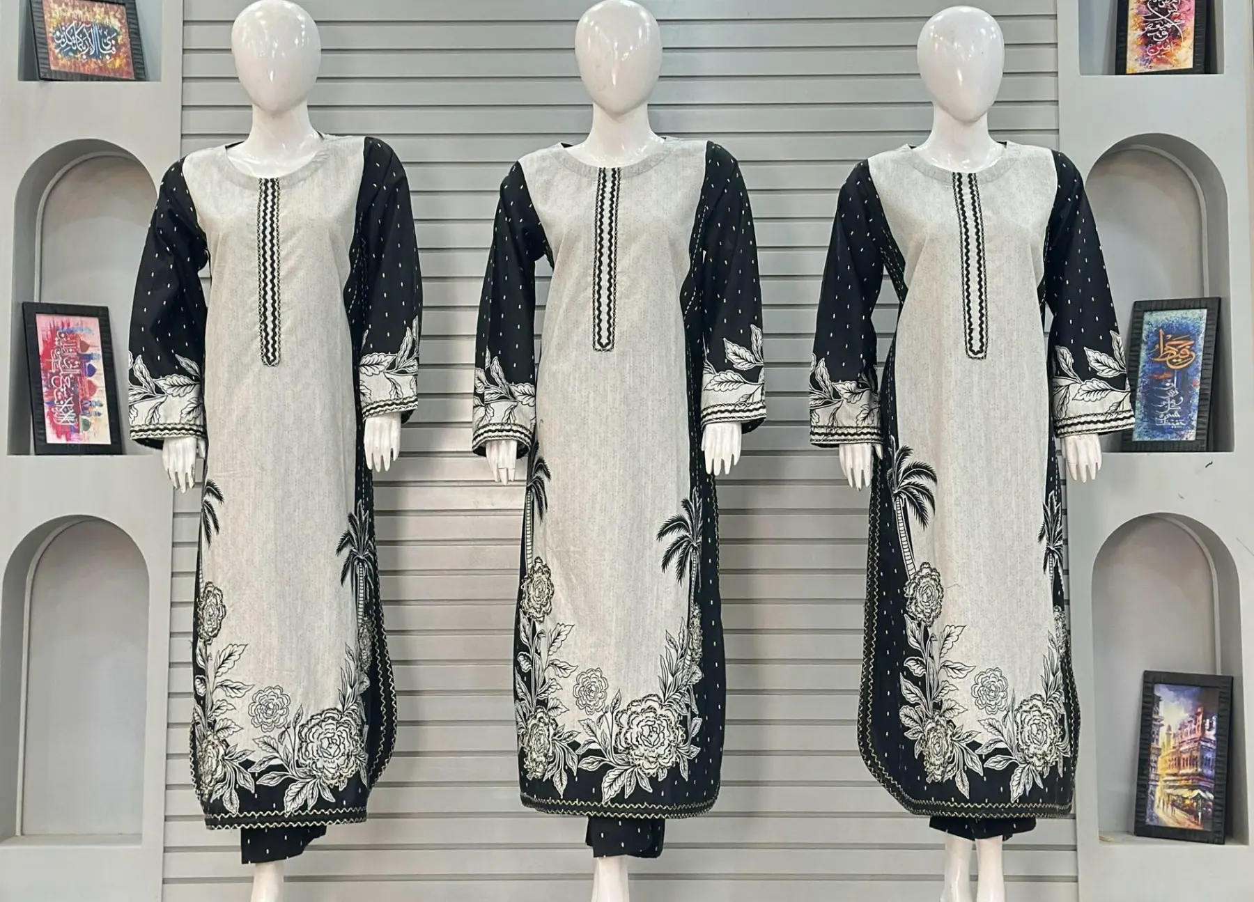 Alif Premium Khaddar 3-Piece Kaftan Suit with Green Palm Tree Print in Off-White