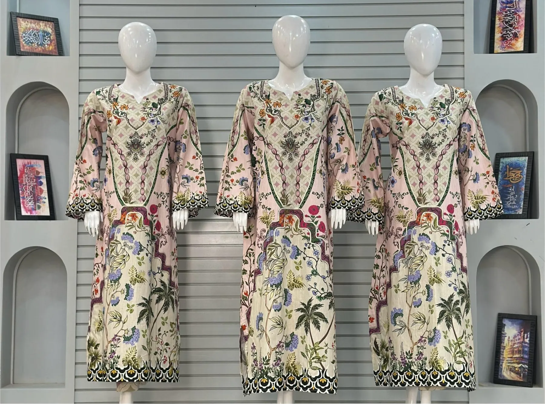 Dusty Pink Floral Printed 3-Piece Premium Khaddar Kaftan Suit by Alif