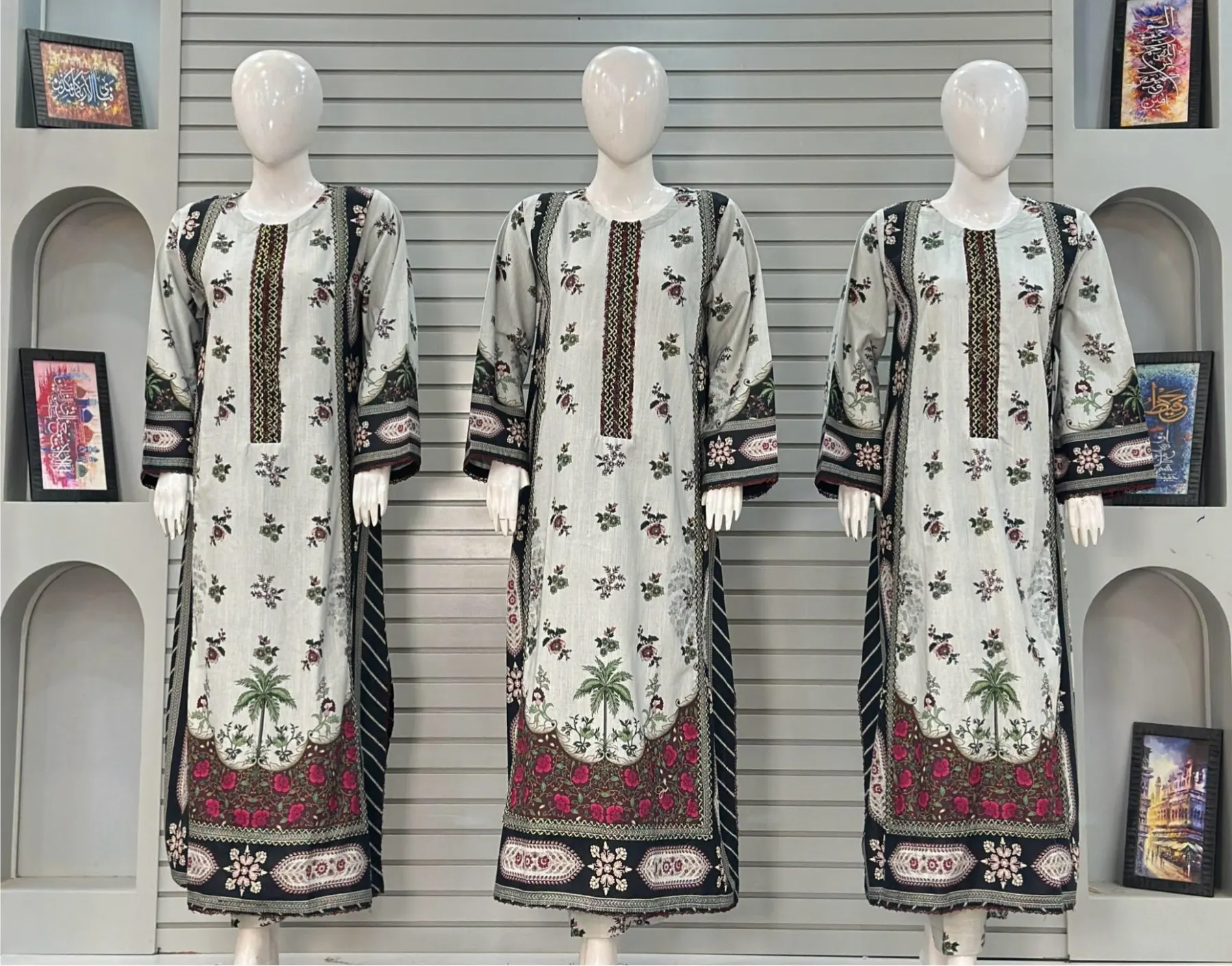 Alif Printed 3-Piece Premium Khaddar Kaftan Dress in Sage Grey & Charcoal