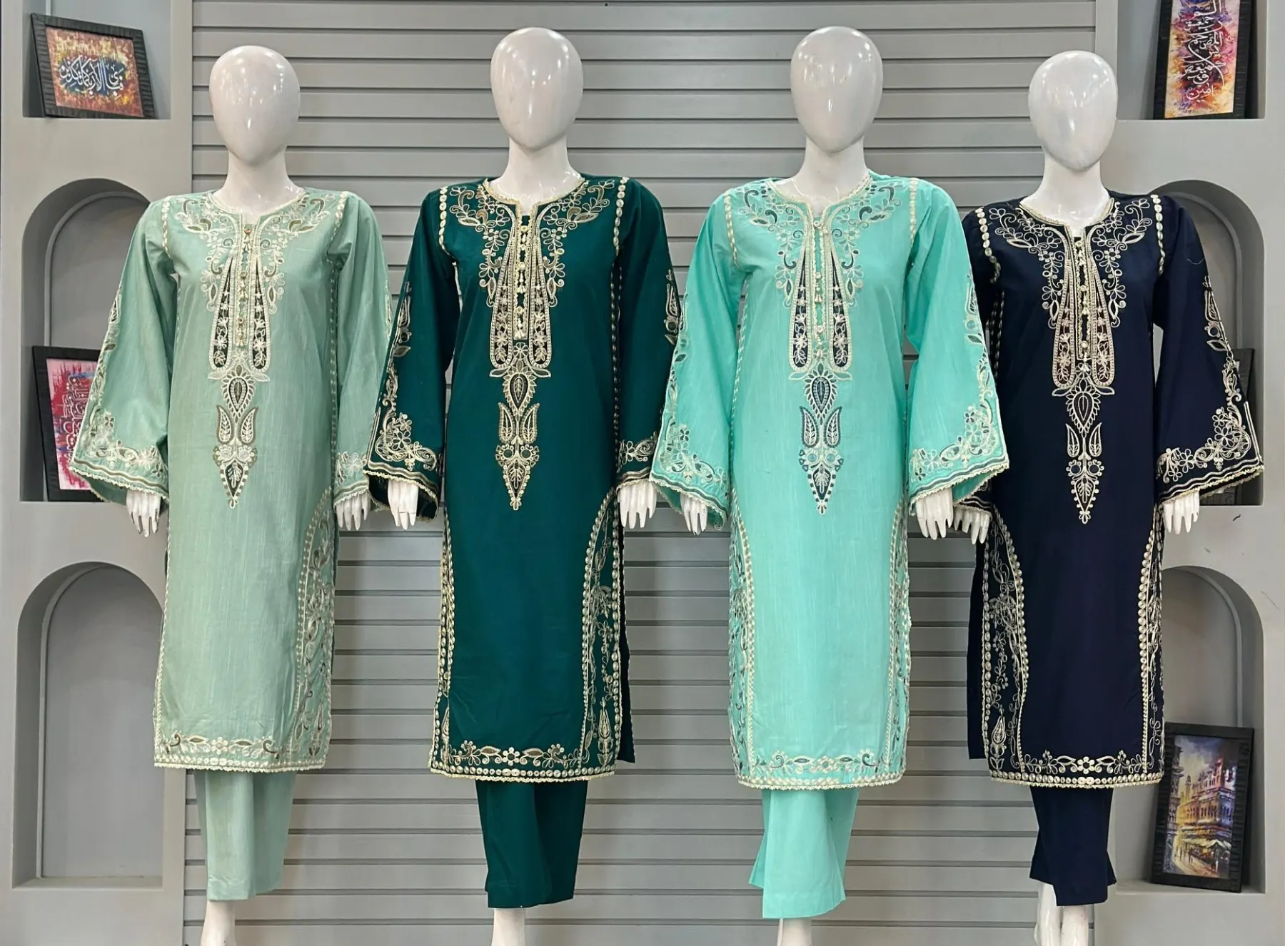Alif Front & Back Embroidered Dyed Premium Khaddar 3-Piece Suit Collection in Mint, Emerald Green, Sea Green, and Navy Blue