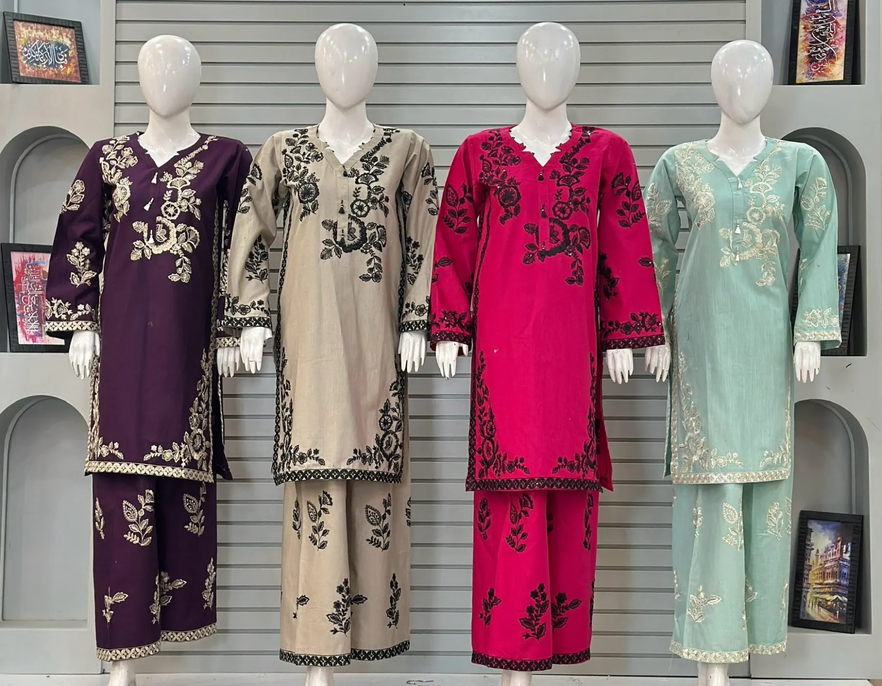 Alif Front & Back Embroidered Dyed Premium Khaddar 3-Piece Suit Collection in Deep Plum, Beige, Magenta, and Ice Blue